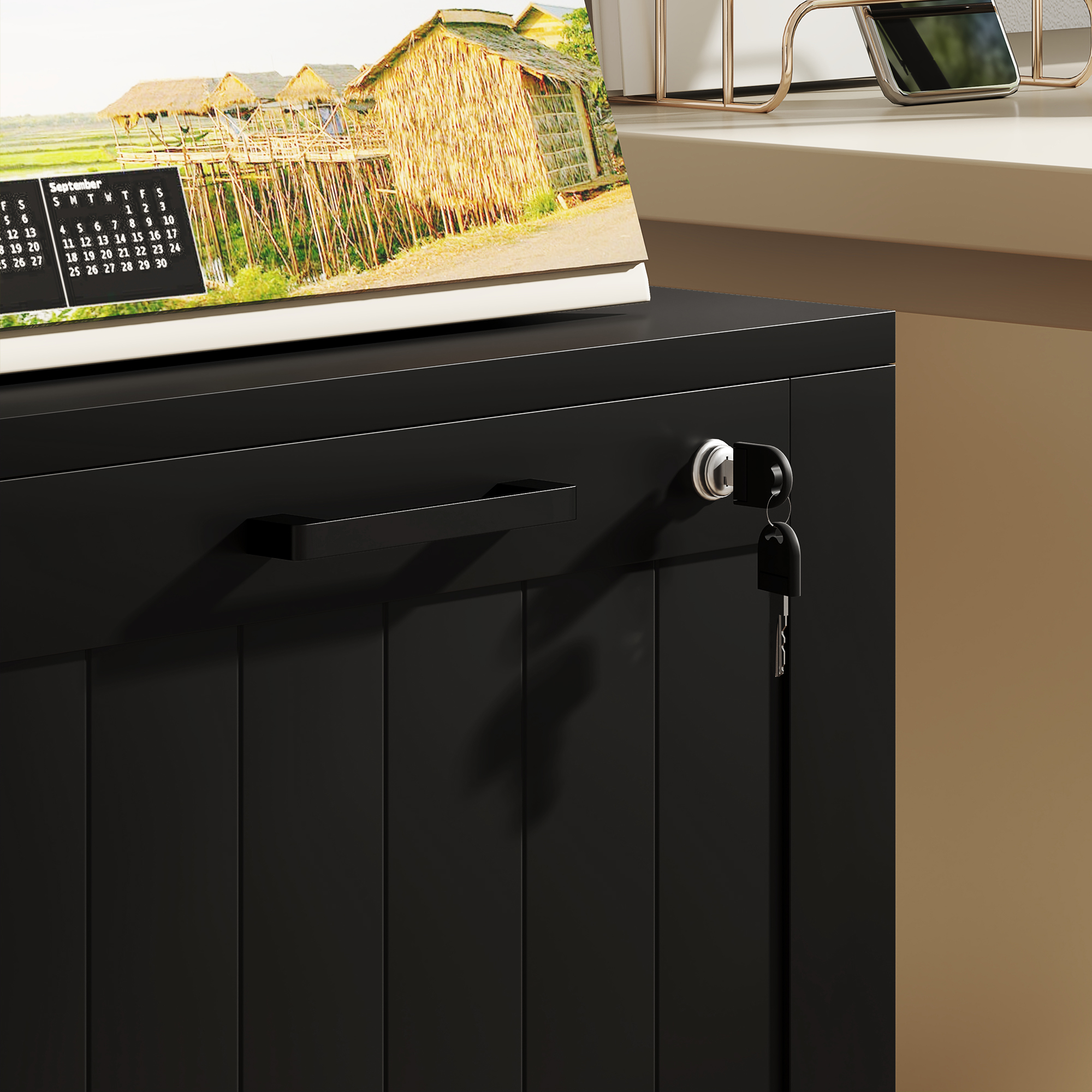 HOMCOM 2 Drawer Filing Cabinet with Lock, Office Storage Cabinet with Adjustable Hanging Bars for A4 Letter Size Files, Black 8