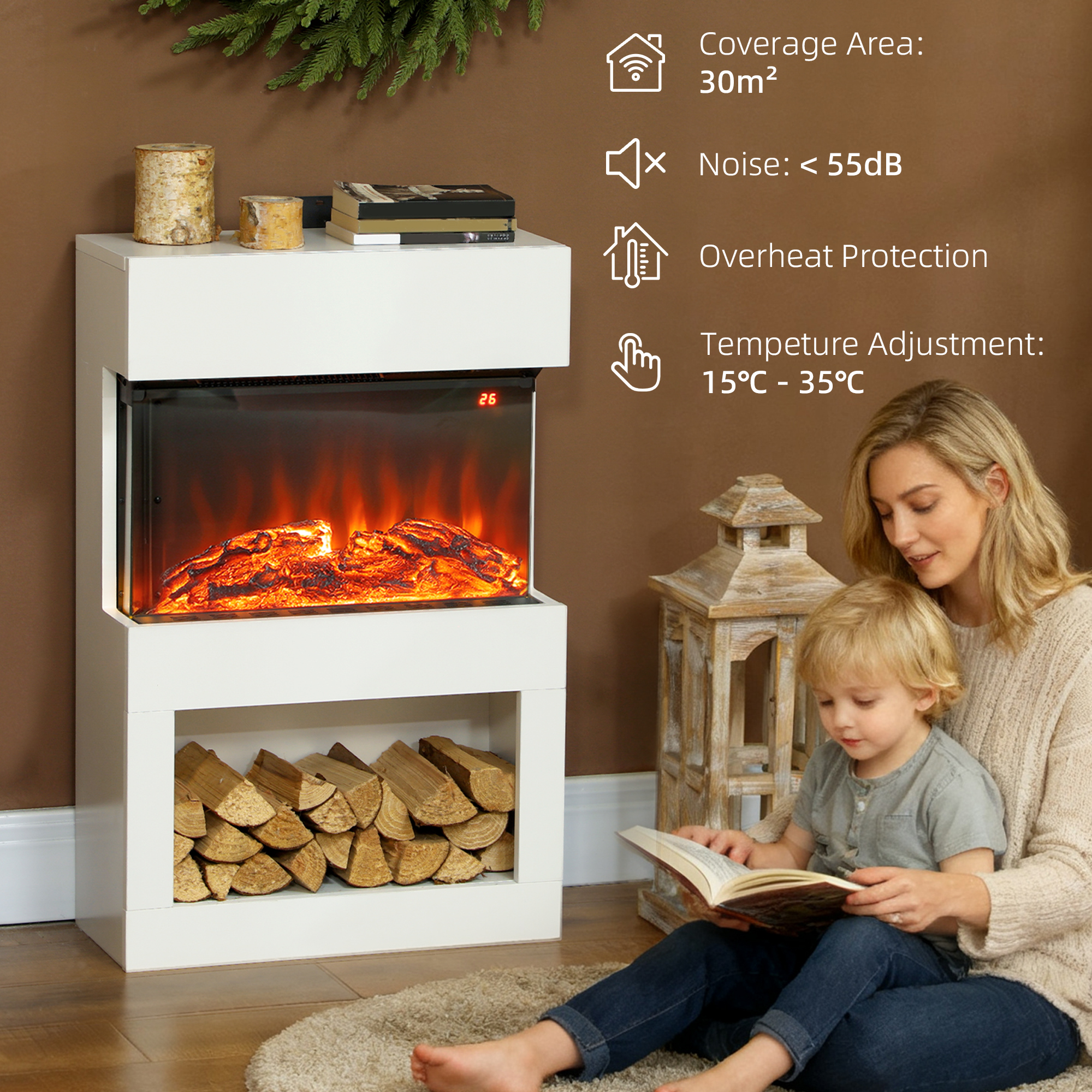 HOMCOM Electric Fireplace with 3D Flame Effect, 6 Colours & 3 Brightness Levels, 1000W/2000W White Electric Fire and Mantel Reach up to 30㎡ Space with Remote & Timer, 3 Sided View for Living Room 8