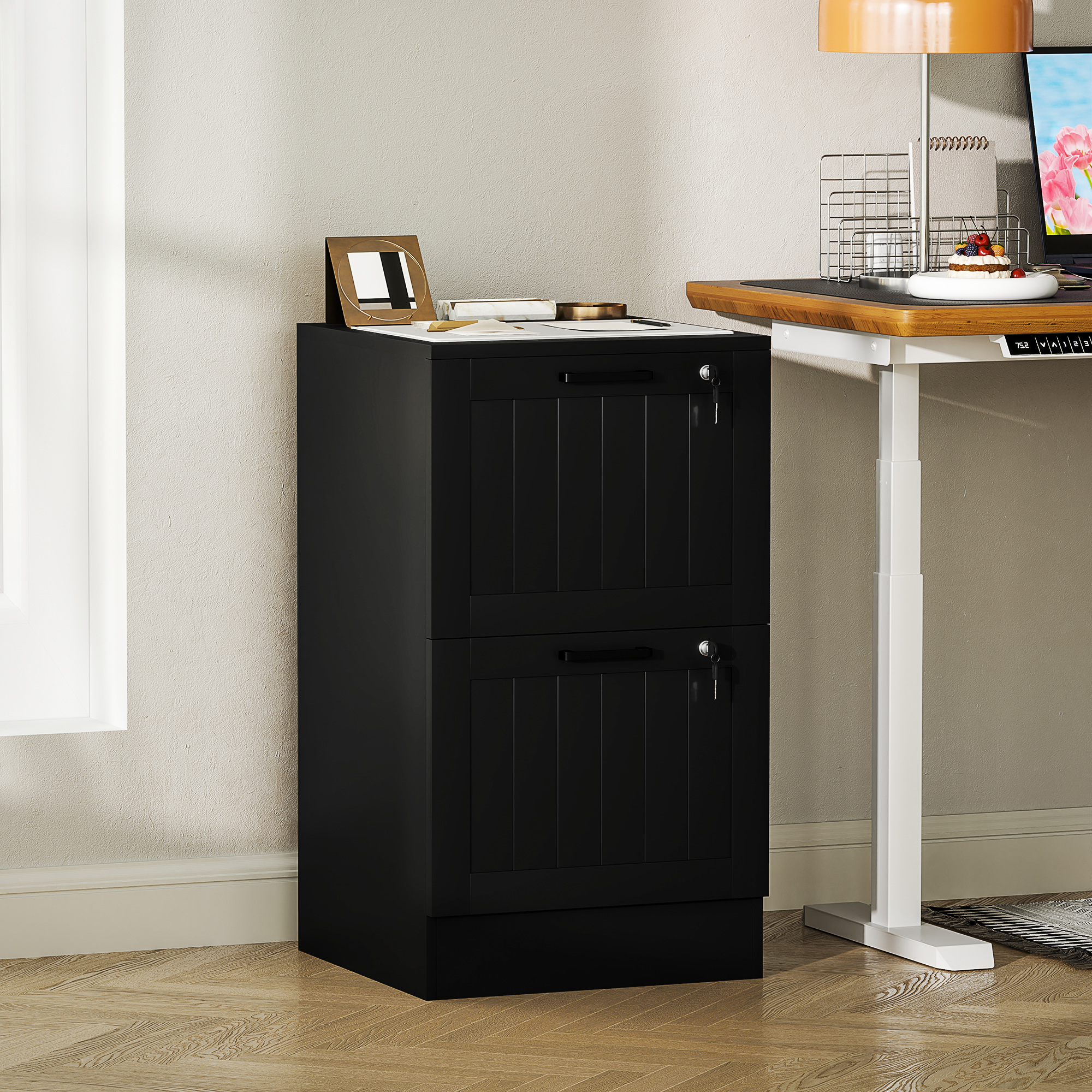 HOMCOM 2 Drawer Filing Cabinet with Lock, Office Storage Cabinet with Adjustable Hanging Bars for A4 Letter Size Files, Black 2
