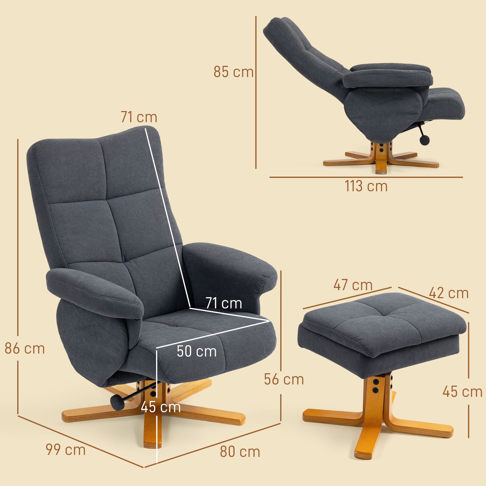 HOMCOM Linen-Look Recliner, with Storage Ottoman Grey 3