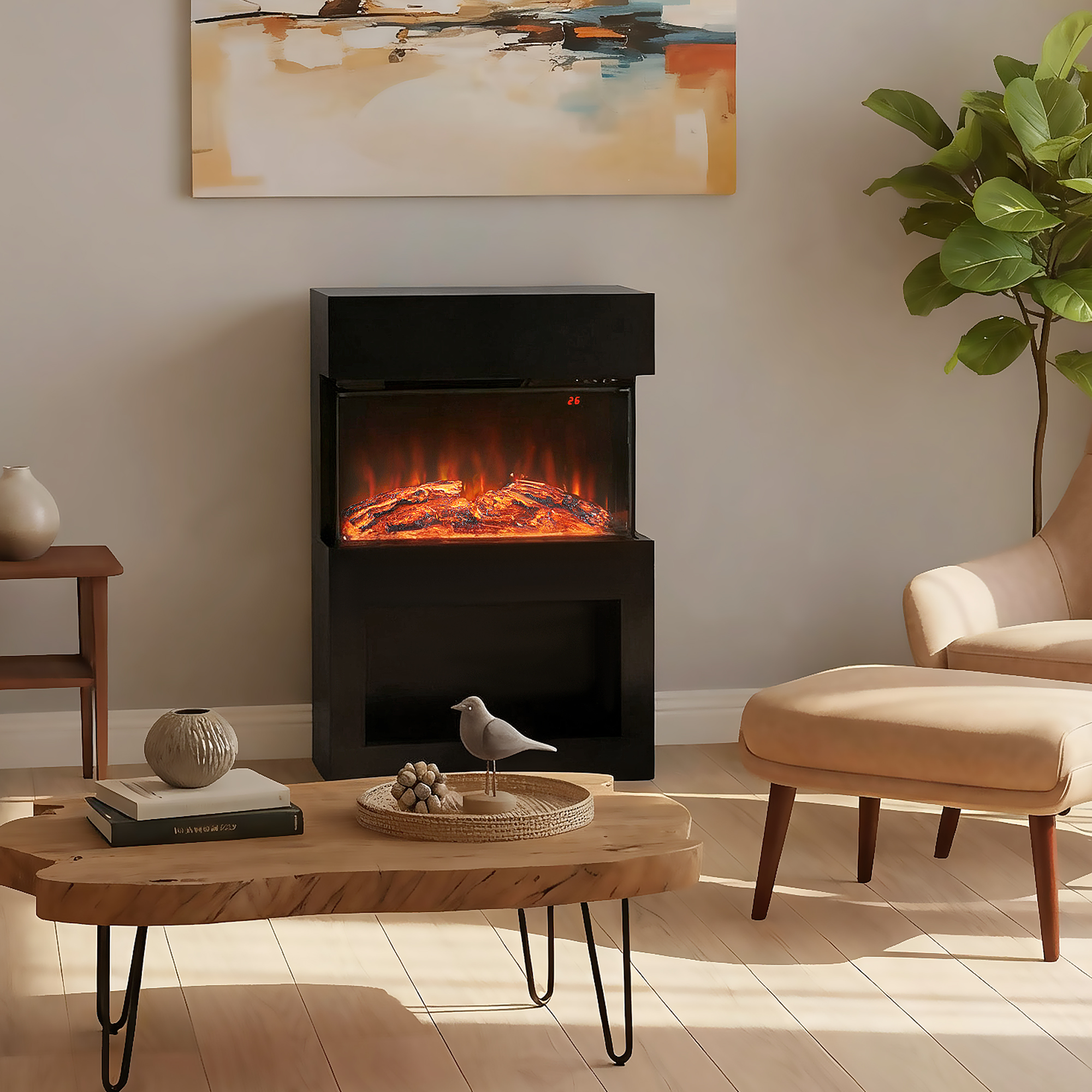 HOMCOM Electric Fireplace with 3D Flame Effect, 6 Colours & 3 Brightness Levels, 1000W/2000W Black Electric Fire and Mantel Reach up to 30㎡ Space with Remote & Timer, 3 Sided View for Living Room 2