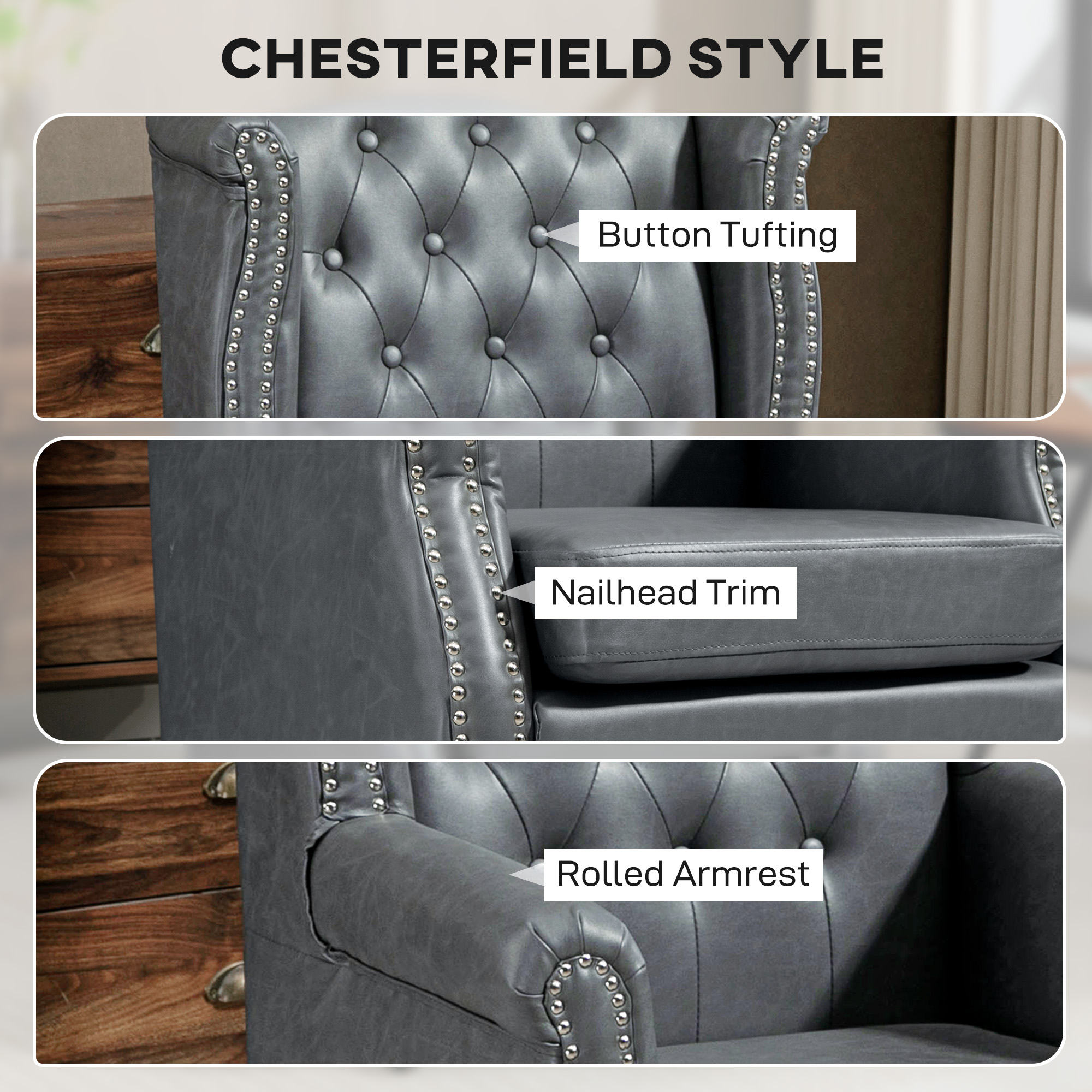 HOMCOM Wingback Accent Chair Tufted Chesterfield-style Armchair with Nail Head Trim for Living Room Bedroom Grey 5