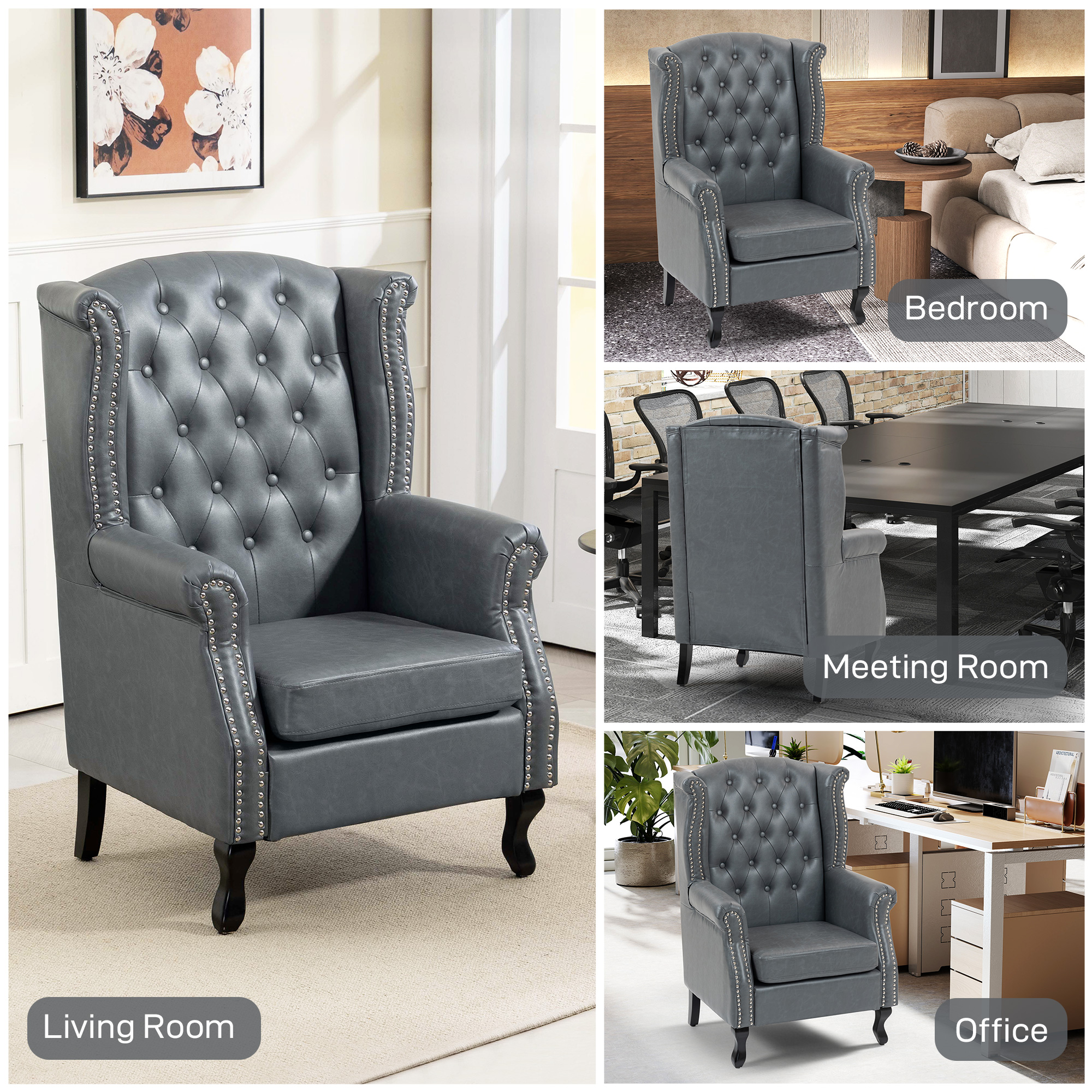 HOMCOM Wingback Accent Chair Tufted Chesterfield-style Armchair with Nail Head Trim for Living Room Bedroom Grey 8