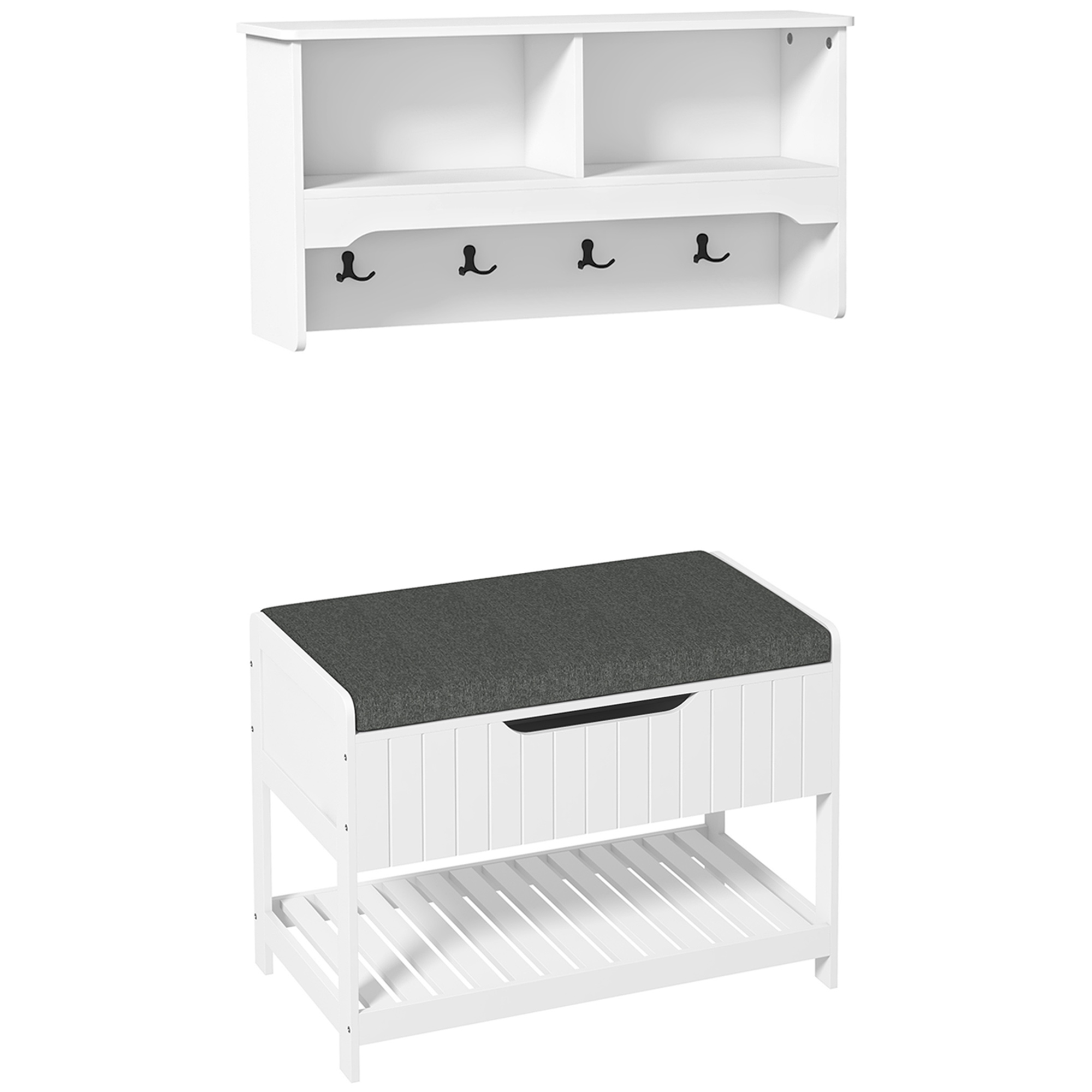 Cuier de Perete cu Banca Suport pentru Pantofi Dotata cu Cuburi de Perete, 4 Carlige si Raft Retractabil, 80x20x40 cm, Alb HOMCOM | Aosom RO