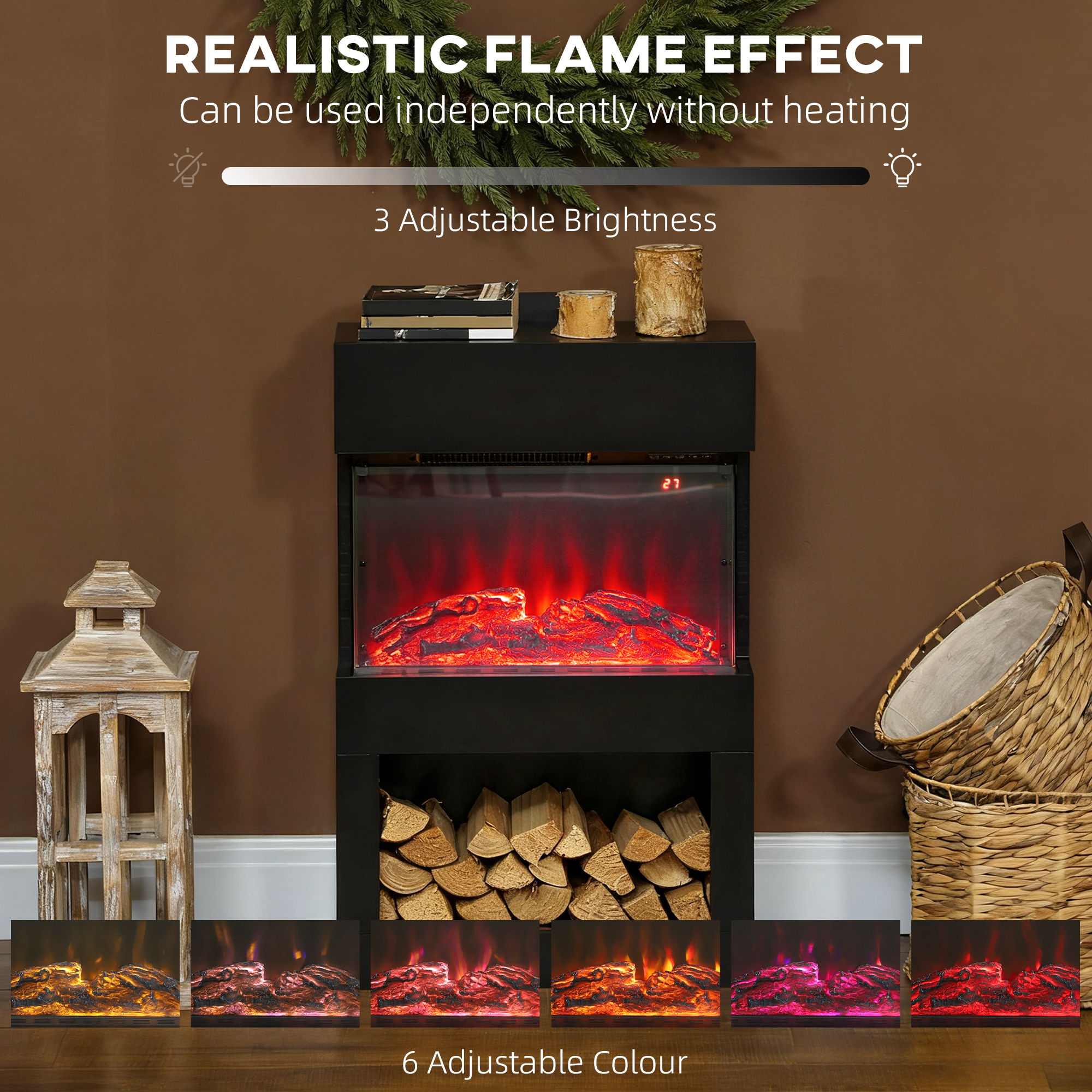 HOMCOM Electric Fireplace with 3D Flame Effect, 6 Colours & 3 Brightness Levels, 1000W/2000W Black Electric Fire and Mantel Reach up to 30㎡ Space with Remote & Timer, 3 Sided View for Living Room 4