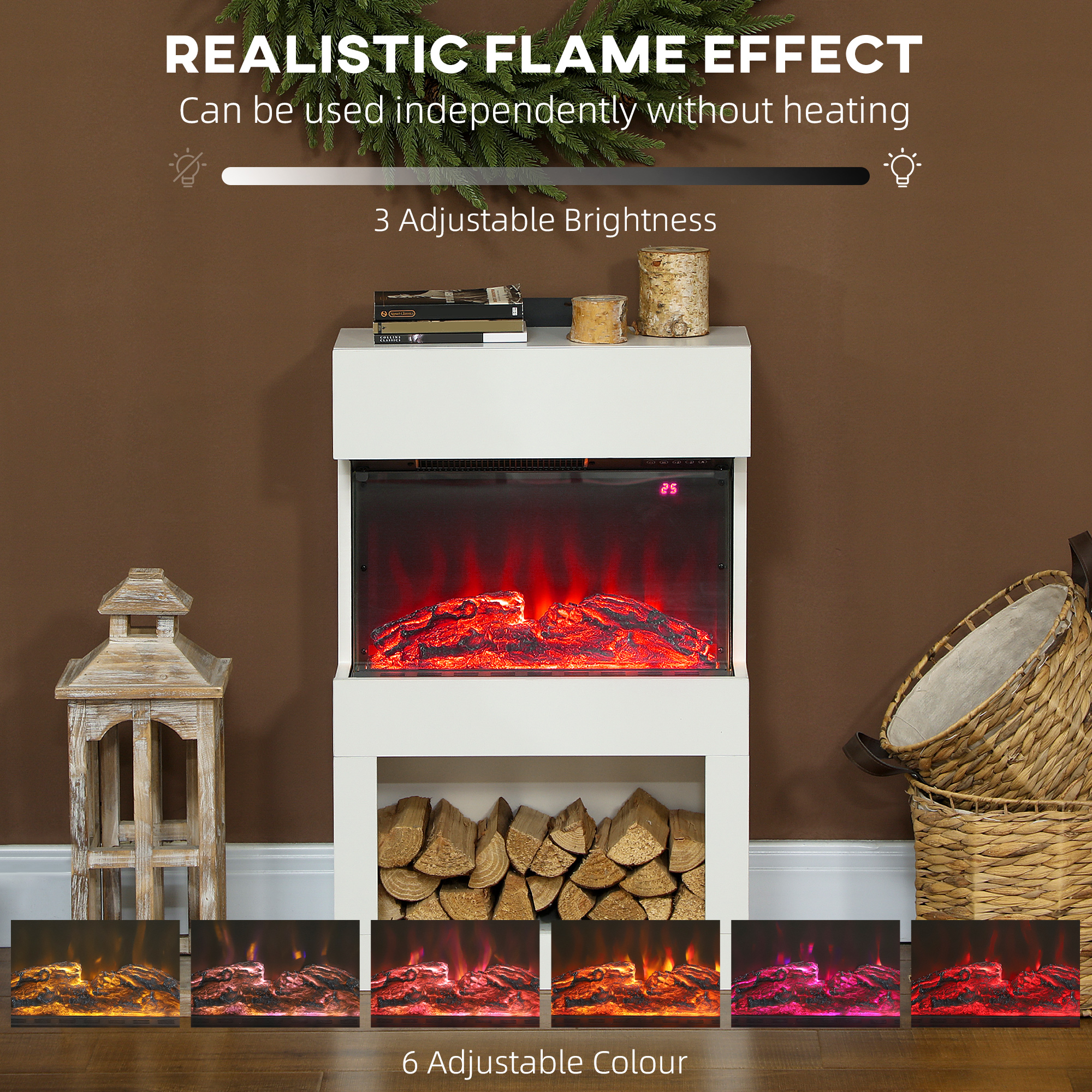 HOMCOM Electric Fireplace with 3D Flame Effect, 6 Colours & 3 Brightness Levels, 1000W/2000W White Electric Fire and Mantel Reach up to 30㎡ Space with Remote & Timer, 3 Sided View for Living Room 4