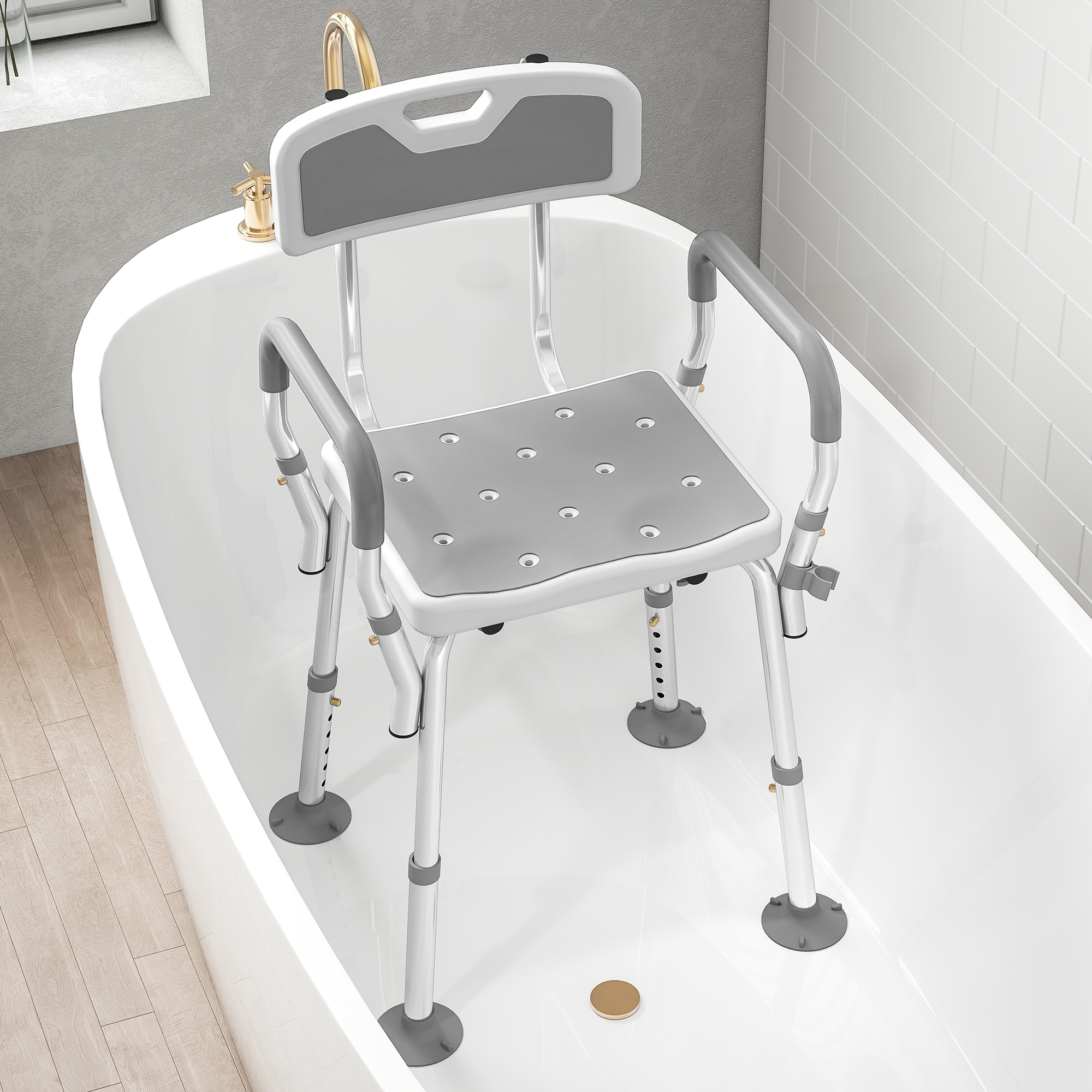 HOMCOM EVA Padded Shower Chair for the Elderly and Disabled, Height Adjustable Shower Stool with Back and Arms, 4 Suction Foot Pads, Light Grey 9