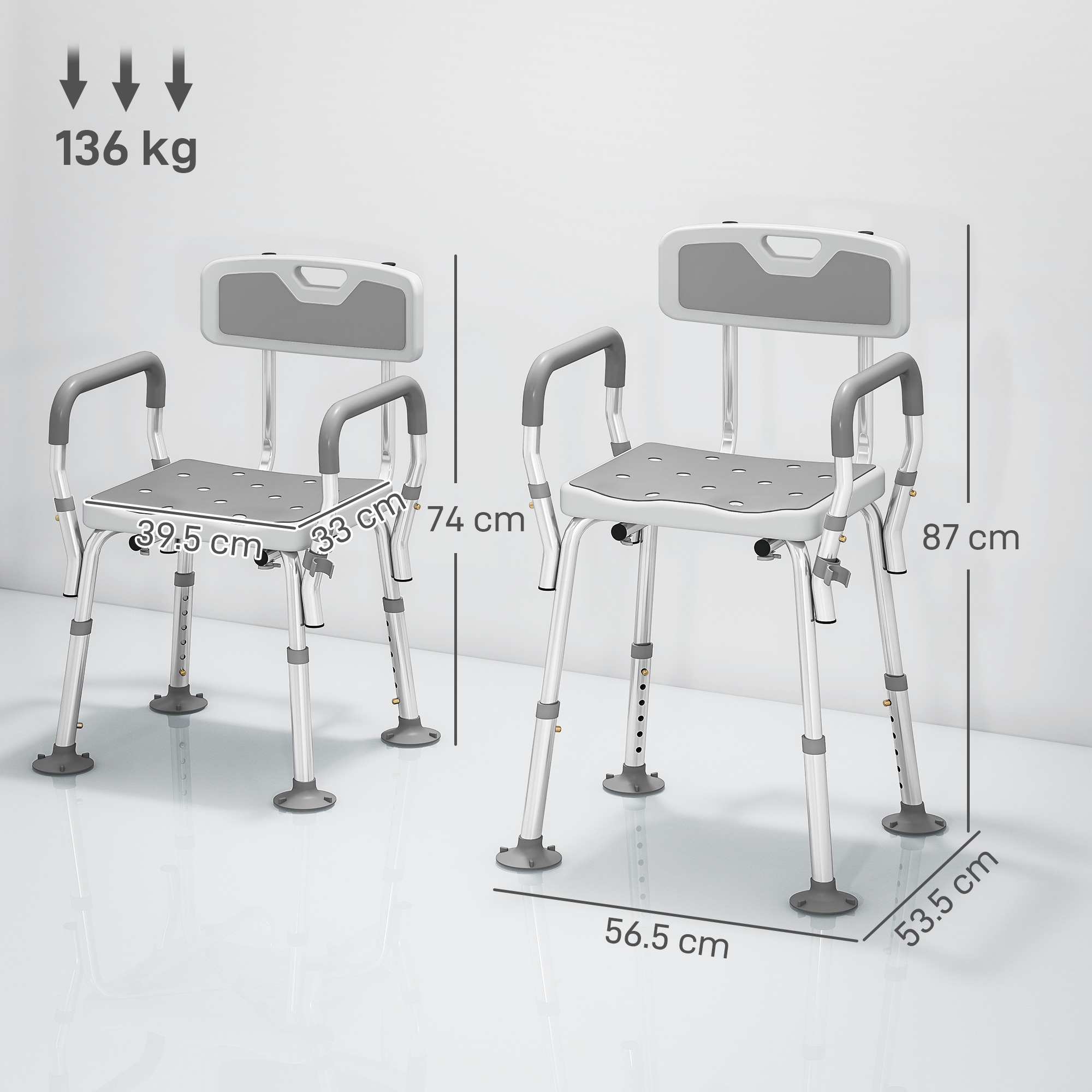 HOMCOM EVA Padded Shower Chair for the Elderly and Disabled, Height Adjustable Shower Stool with Back and Arms, 4 Suction Foot Pads, Light Grey 3