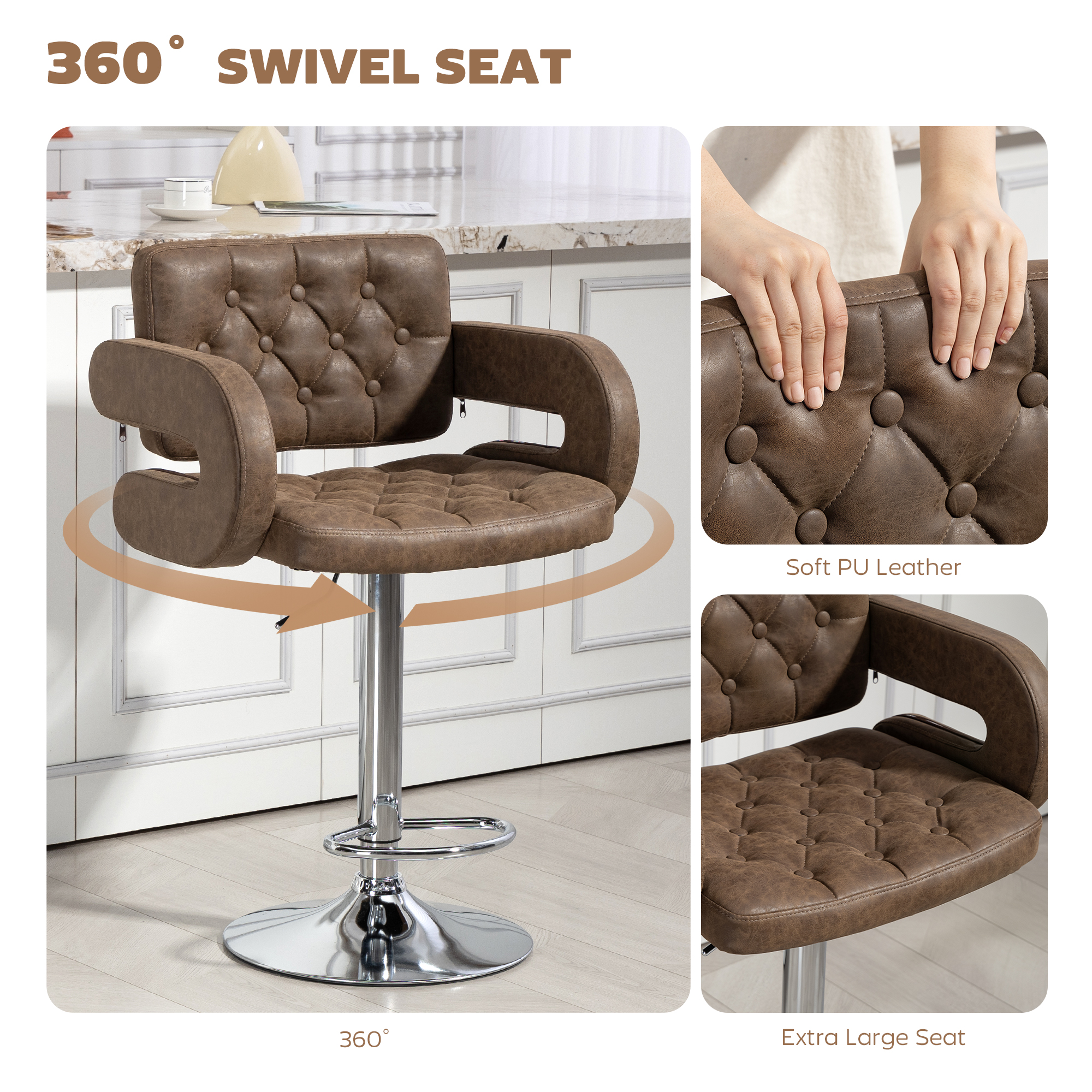 HOMCOM PU Leather Upholstered Swivel Bar Stool, Height Adjustable with Back, Armrest, Footrest, Coffee 5