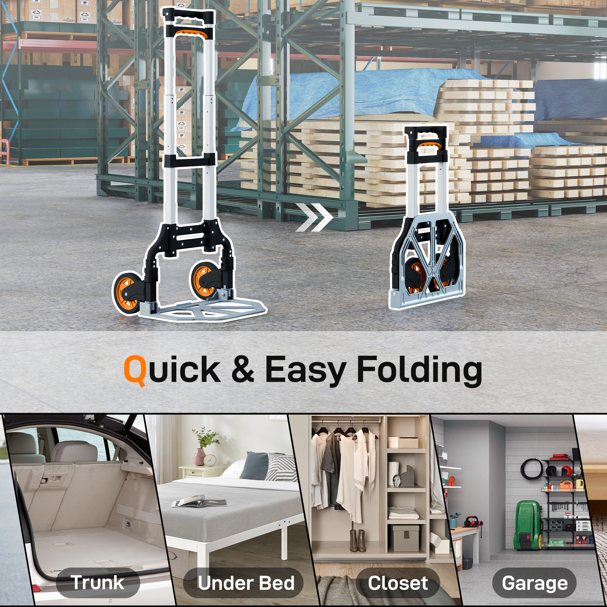 HOMCOM Folding Sack Truck, 70kg Lightweight Hand Truck with Wheels, Foldable Trolley Cart with Telescoping Handle for Warehouse, Office, Luggage, Silver Tone 6
