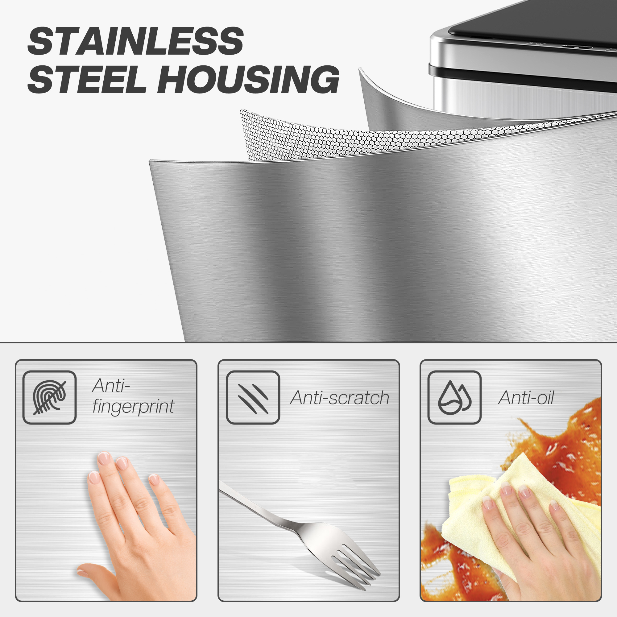 HOMCOM 40L Sensor Bin with Quiet Soft-Close Lid, Automatic Touchless Motion Sensor Kitchen Bin with Fingerprint Resistant Stainless Steel for Hygienic Gyms, Home Office Use, Silver Tone 6