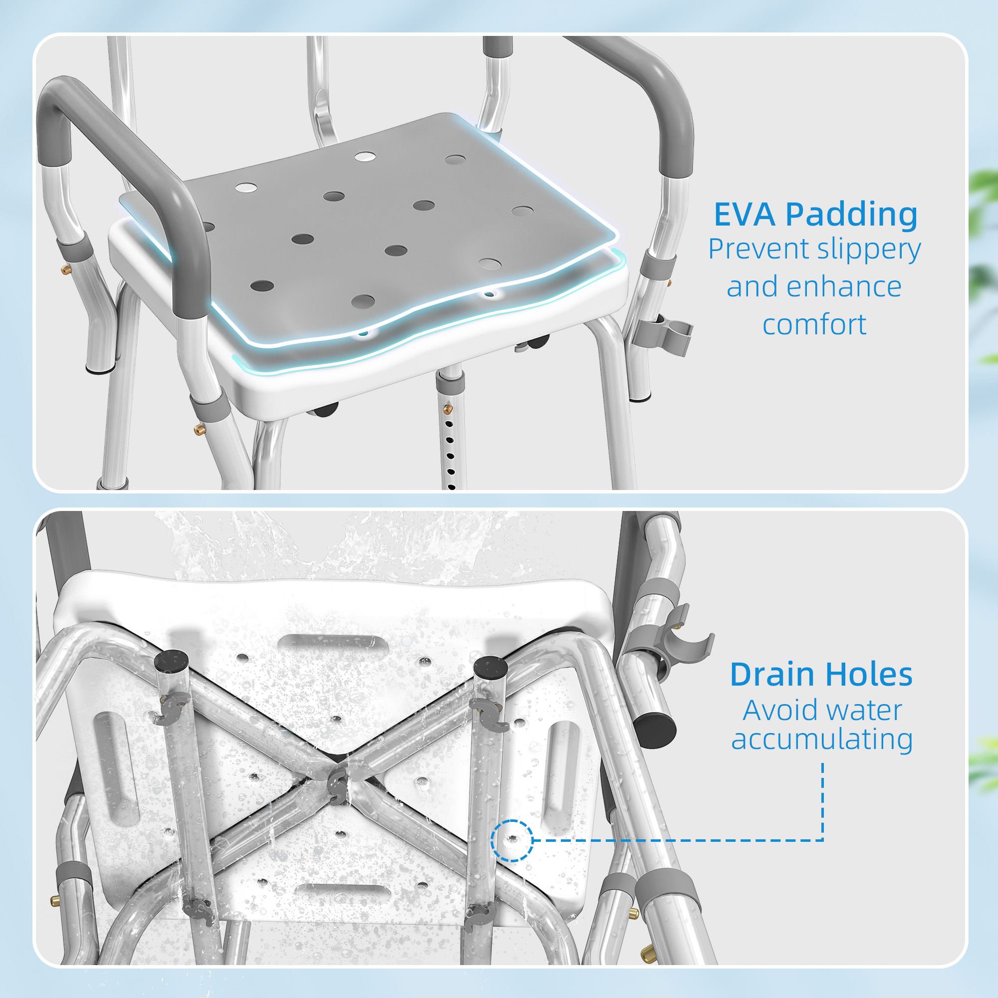 HOMCOM EVA Padded Shower Chair for the Elderly and Disabled, Height Adjustable Shower Stool with Back and Arms, 4 Suction Foot Pads, Light Grey 4