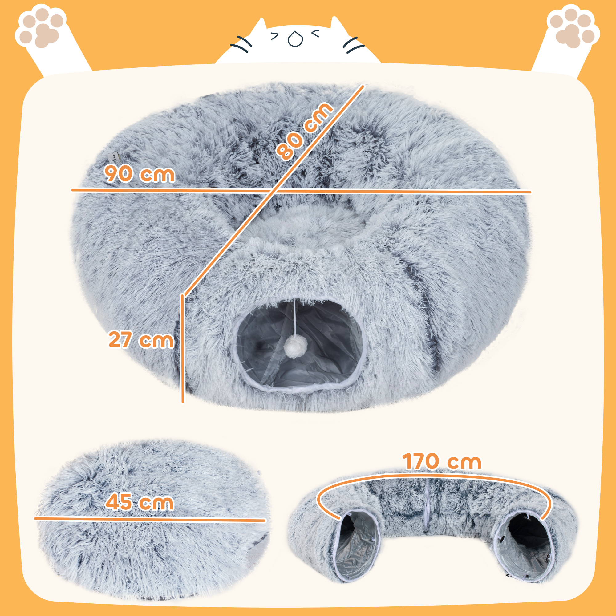 PawHut 2-in-1 Donut Cat Tunnel with Washable Bed, Play Tunnel Bed with Toy Ball and Door Hole for Indoor Cats, Light Grey 3