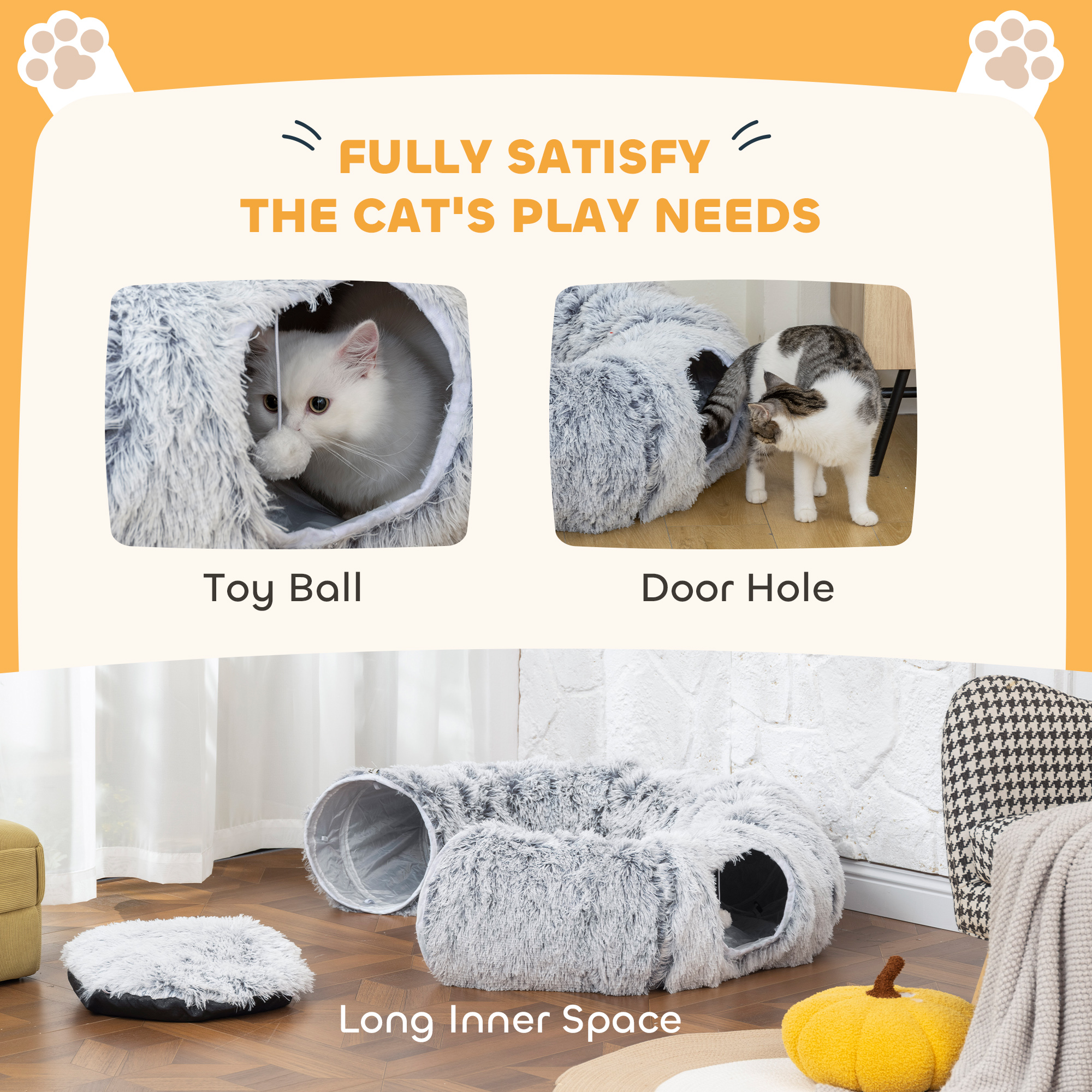 PawHut 2-in-1 Donut Cat Tunnel with Washable Bed, Play Tunnel Bed with Toy Ball and Door Hole for Indoor Cats, Light Grey 6