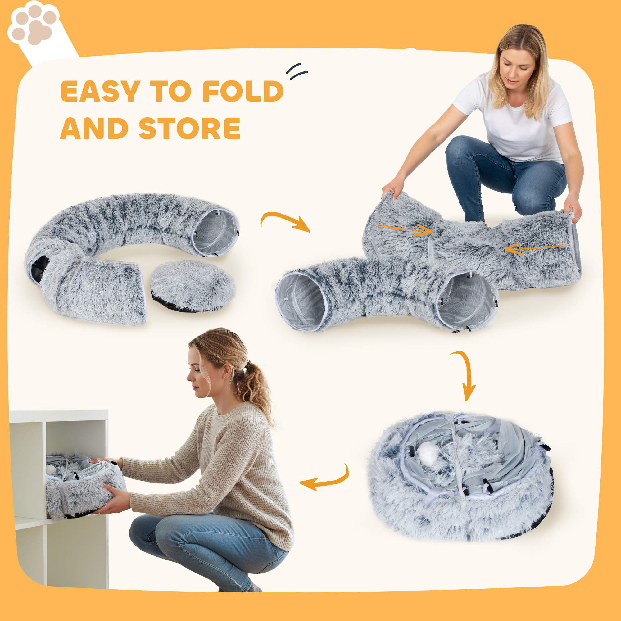 PawHut 2-in-1 Donut Cat Tunnel with Washable Bed, Play Tunnel Bed with Toy Ball and Door Hole for Indoor Cats, Light Grey 8