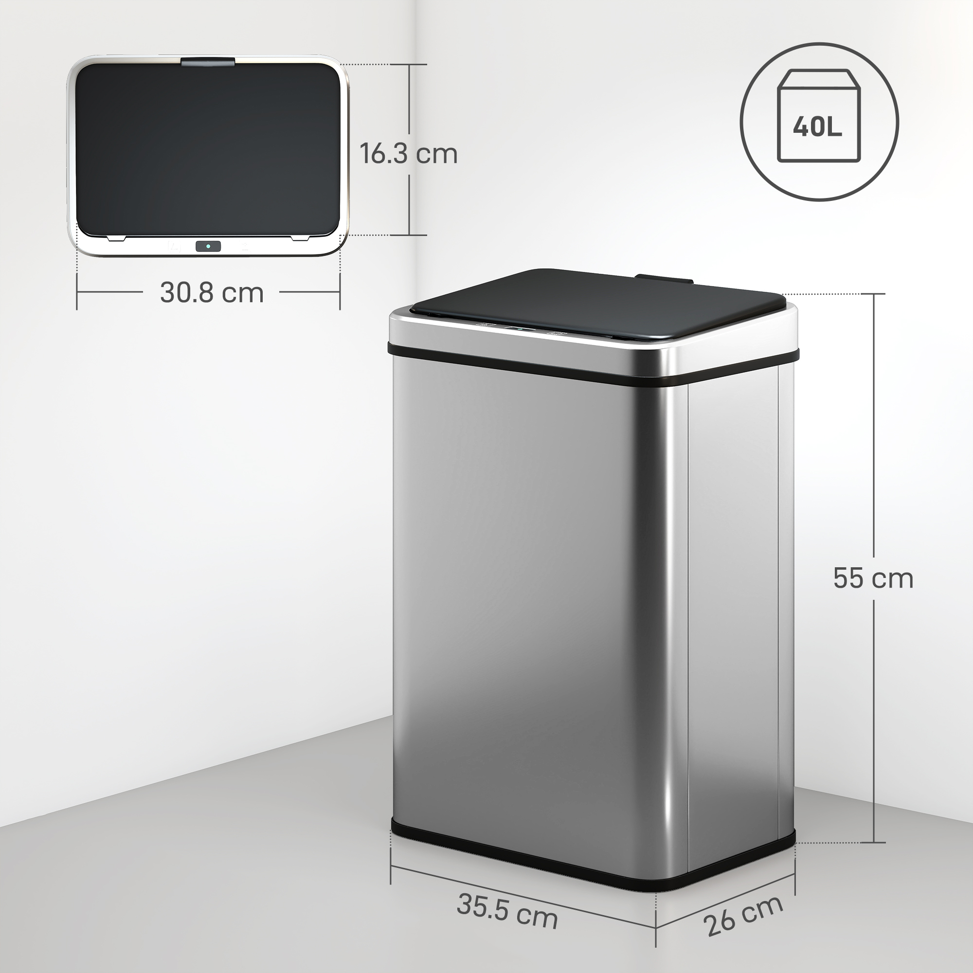 HOMCOM 40L Sensor Bin with Quiet Soft-Close Lid, Automatic Touchless Motion Sensor Kitchen Bin with Fingerprint Resistant Stainless Steel for Hygienic Gyms, Home Office Use, Silver Tone 3