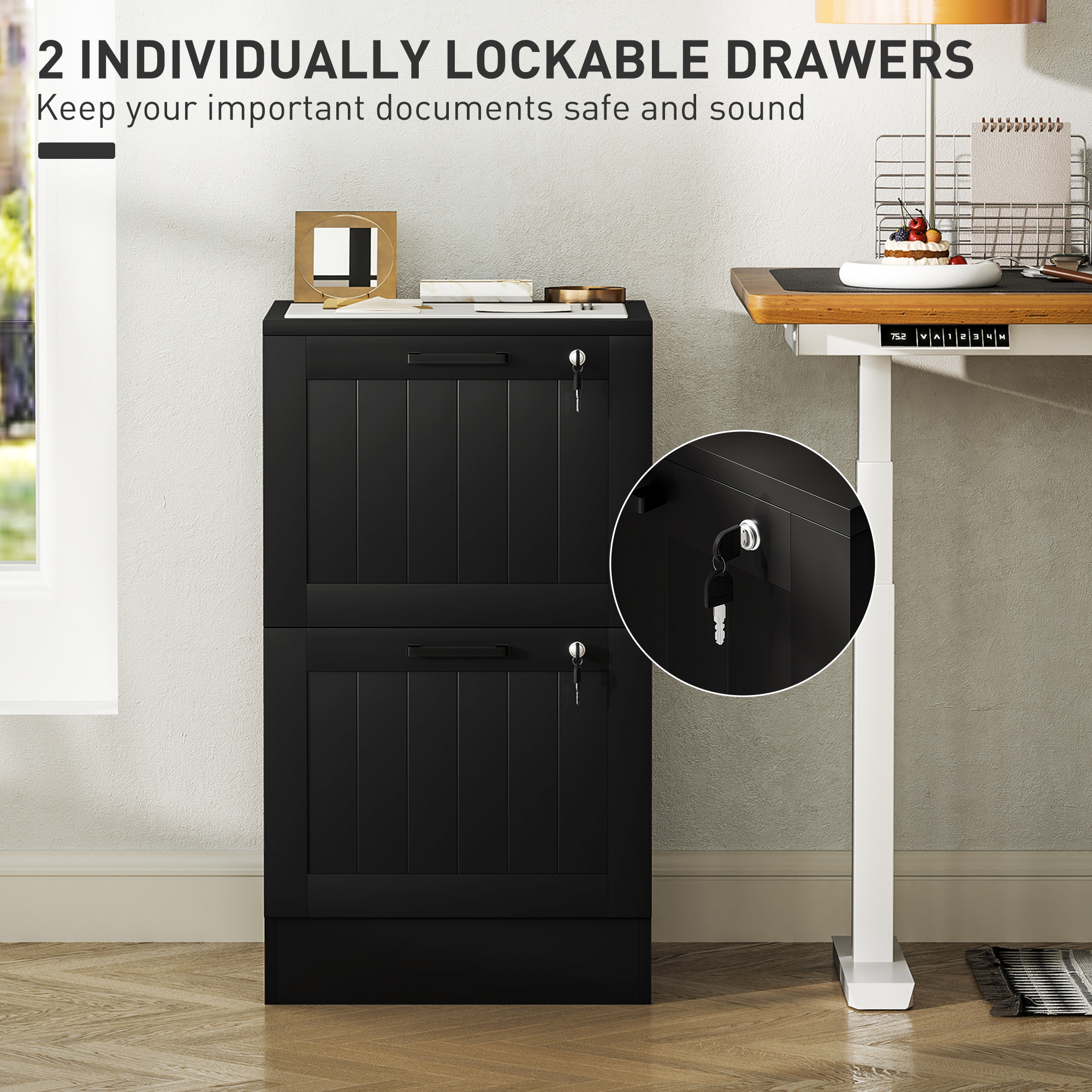 HOMCOM 2 Drawer Filing Cabinet with Lock, Office Storage Cabinet with Adjustable Hanging Bars for A4 Letter Size Files, Black 6