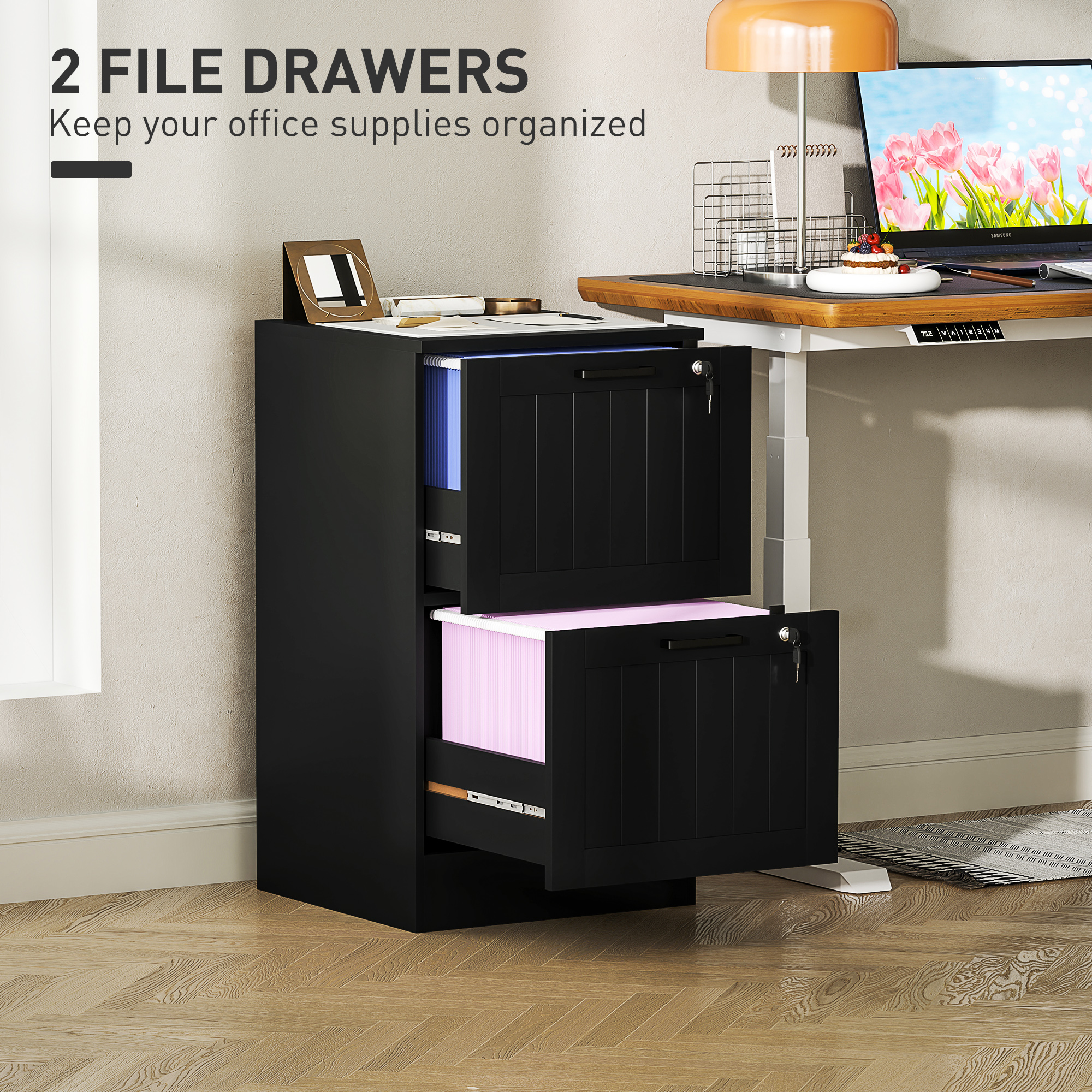 HOMCOM 2 Drawer Filing Cabinet with Lock, Office Storage Cabinet with Adjustable Hanging Bars for A4 Letter Size Files, Black 4