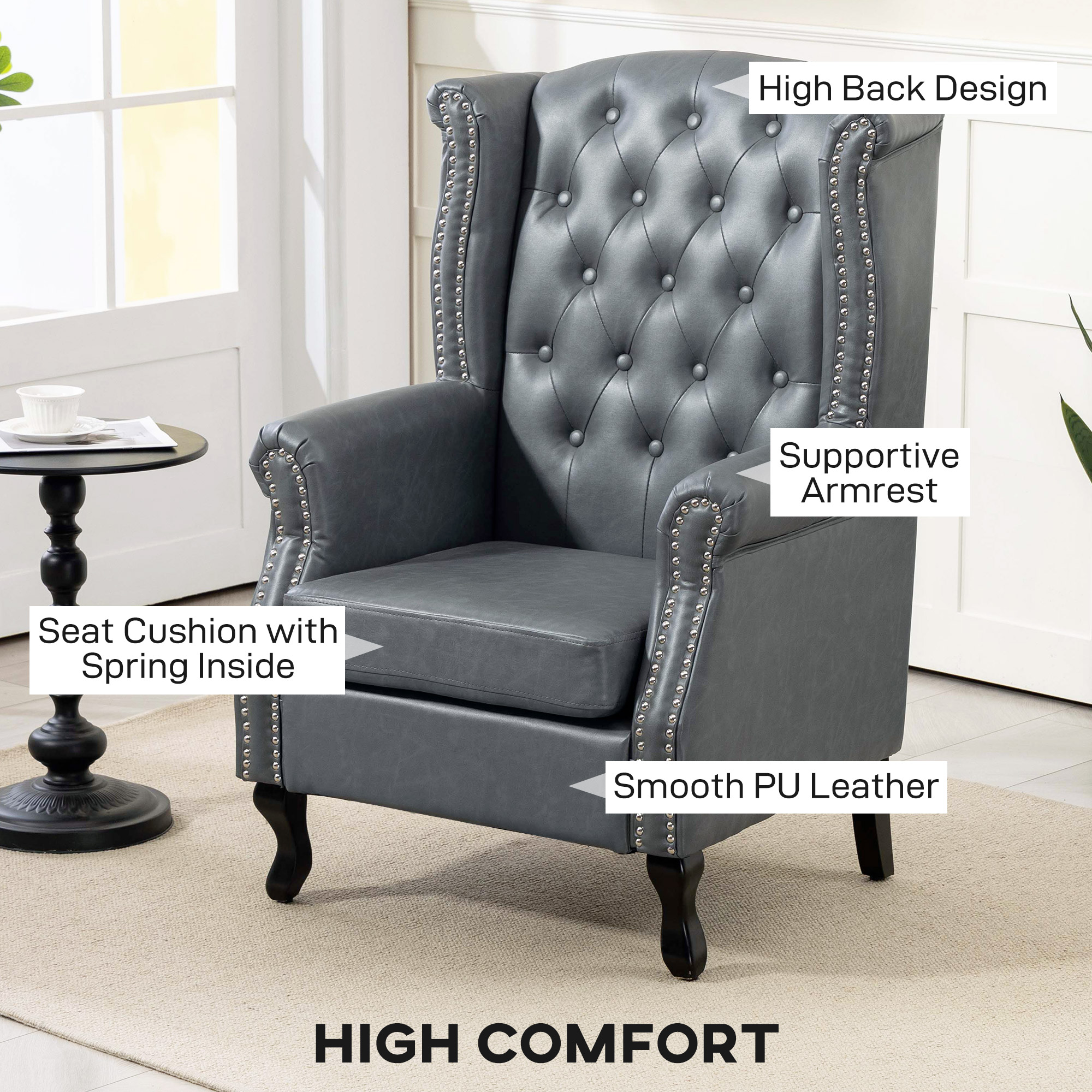 HOMCOM Wingback Accent Chair Tufted Chesterfield-style Armchair with Nail Head Trim for Living Room Bedroom Grey 4