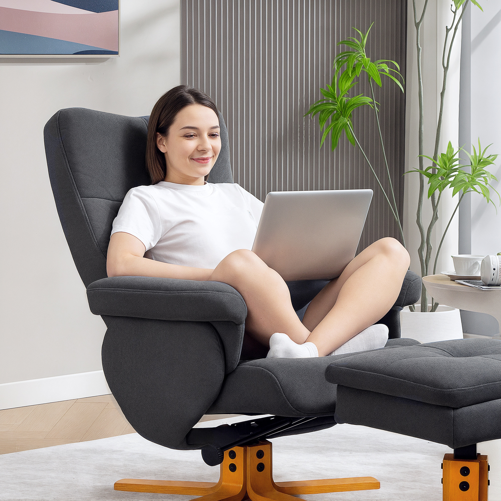 HOMCOM Linen-Look Recliner, with Storage Ottoman Grey 9