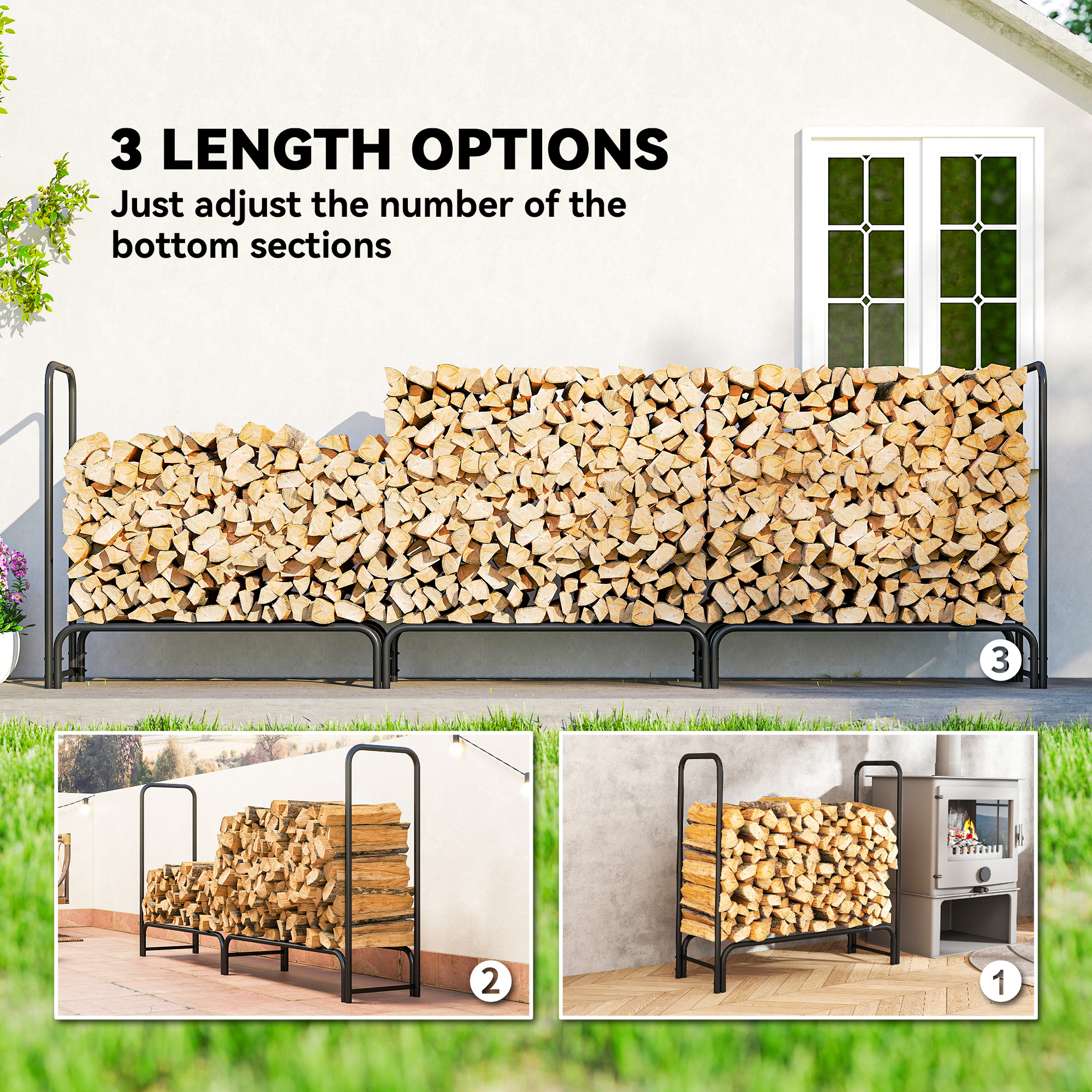 Outsunny Firewood Rack with Waterproof Cover, Heavy Duty Metal Log Store Indoors, Log Storage Holder for Outdoor Indoor Fireplace, 300 x 36 x 99 cm, Dark Green 7
