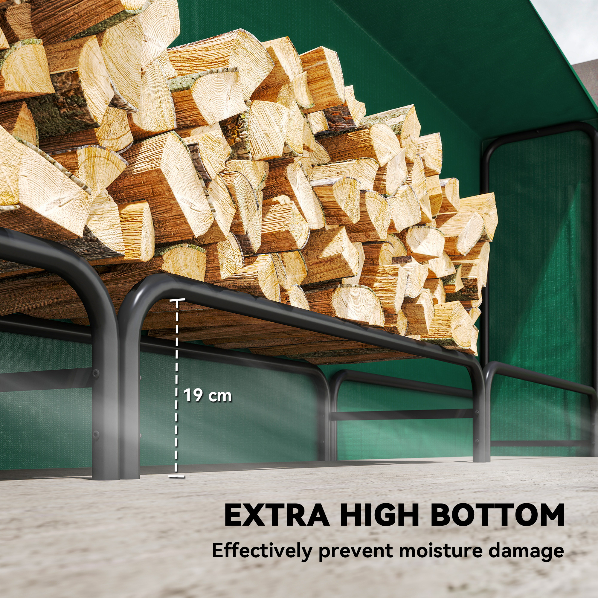 Outsunny Firewood Rack with Waterproof Cover, Heavy Duty Metal Log Store Indoors, Log Storage Holder for Outdoor Indoor Fireplace, 300 x 36 x 99 cm, Dark Green 5