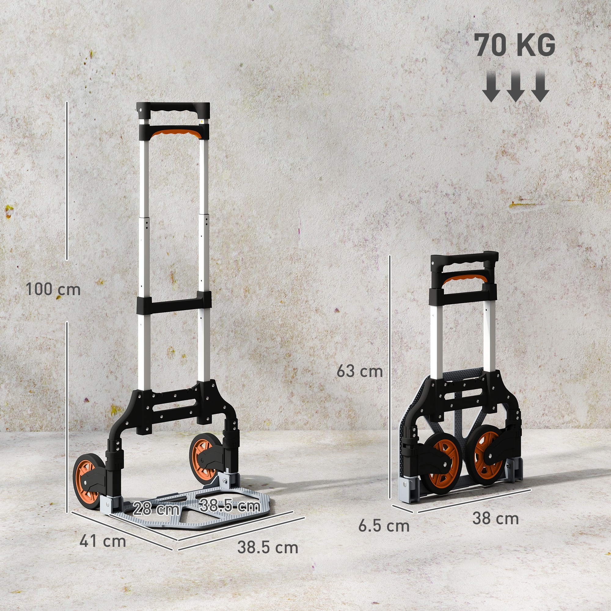HOMCOM Folding Sack Truck, 70kg Lightweight Hand Truck with Wheels, Foldable Trolley Cart with Telescoping Handle for Warehouse, Office, Luggage, Silver Tone 3