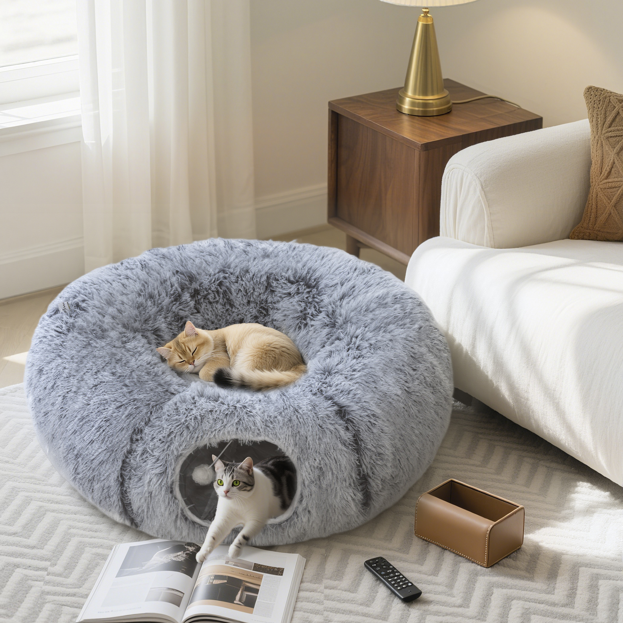 PawHut 2-in-1 Donut Cat Tunnel with Washable Bed, Play Tunnel Bed with Toy Ball and Door Hole for Indoor Cats, Light Grey 2