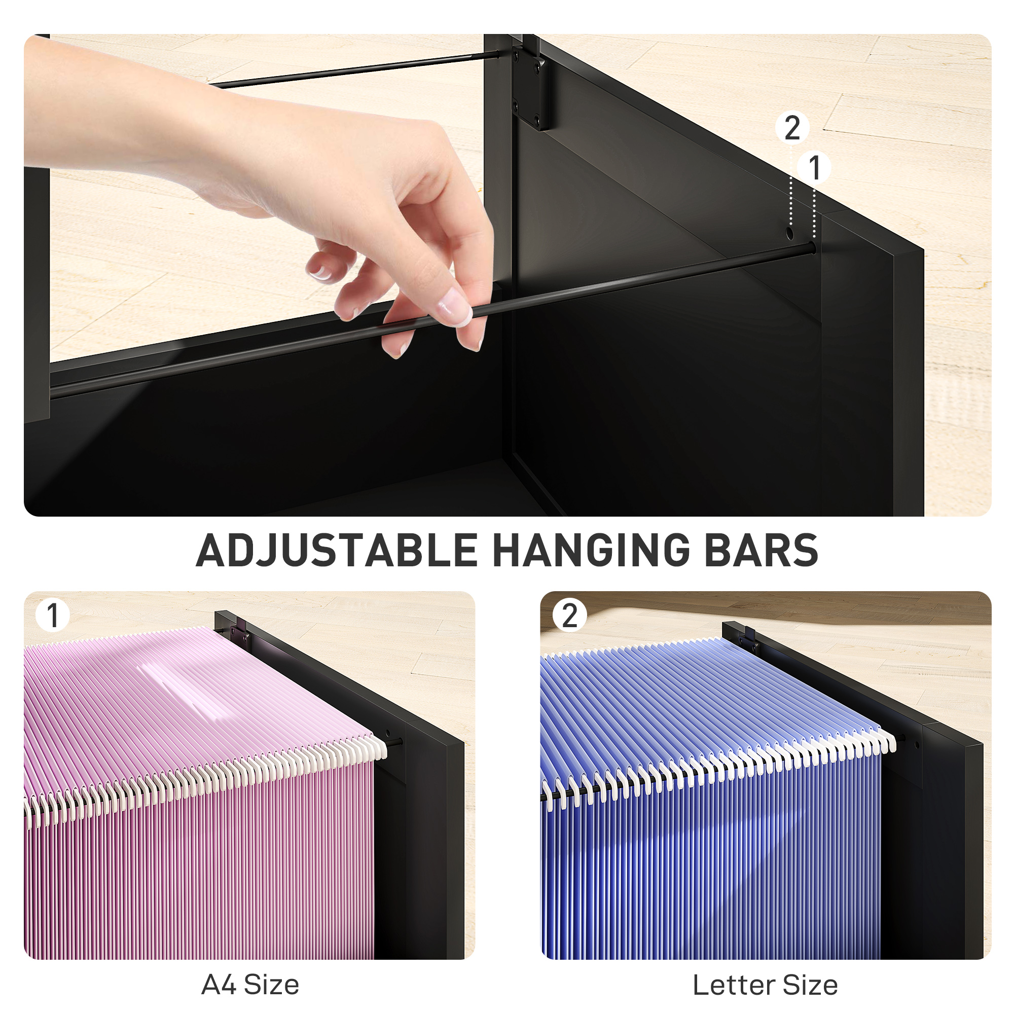 HOMCOM 2 Drawer Filing Cabinet with Lock, Office Storage Cabinet with Adjustable Hanging Bars for A4 Letter Size Files, Black 5