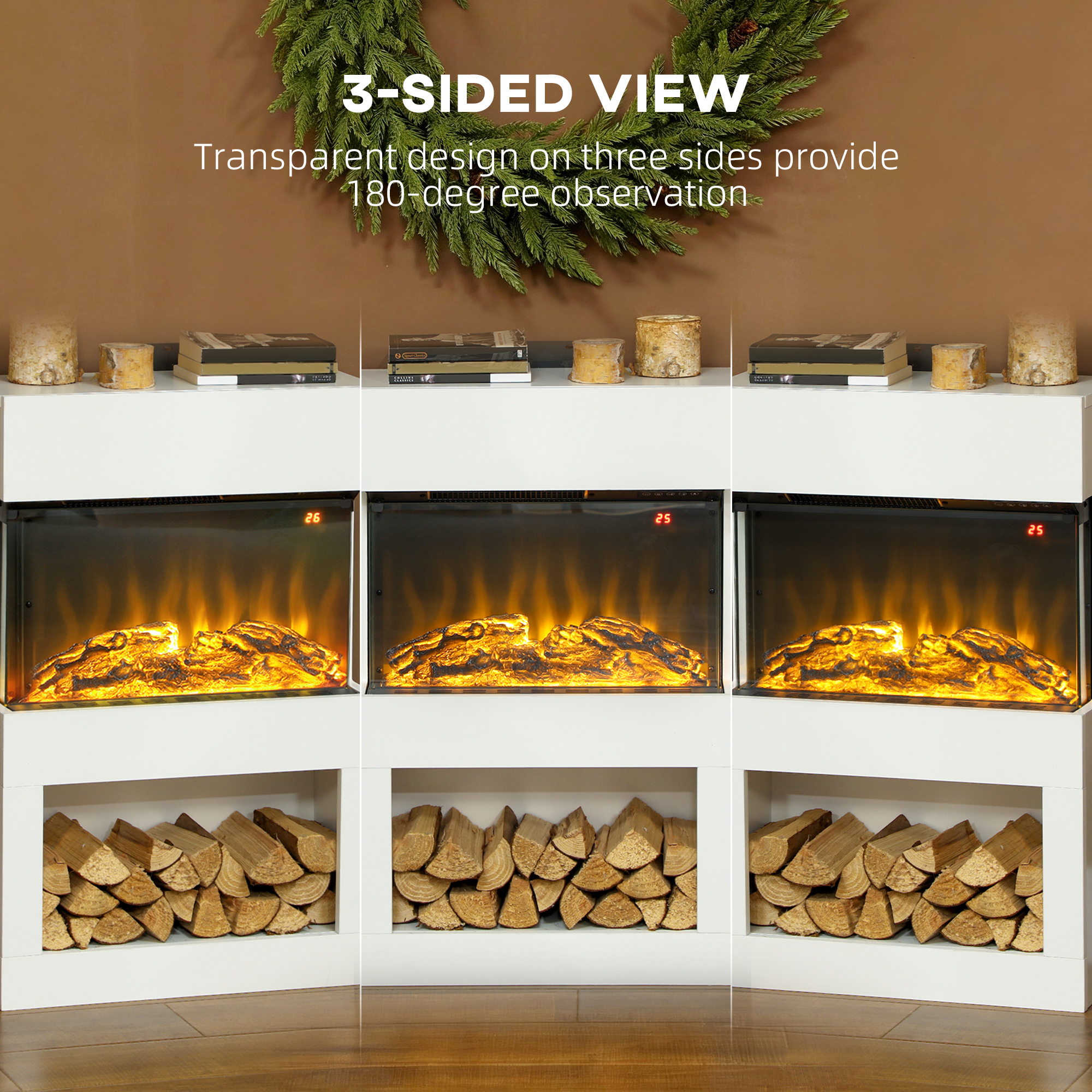 HOMCOM Electric Fireplace with 3D Flame Effect, 6 Colours & 3 Brightness Levels, 1000W/2000W White Electric Fire and Mantel Reach up to 30㎡ Space with Remote & Timer, 3 Sided View for Living Room 5