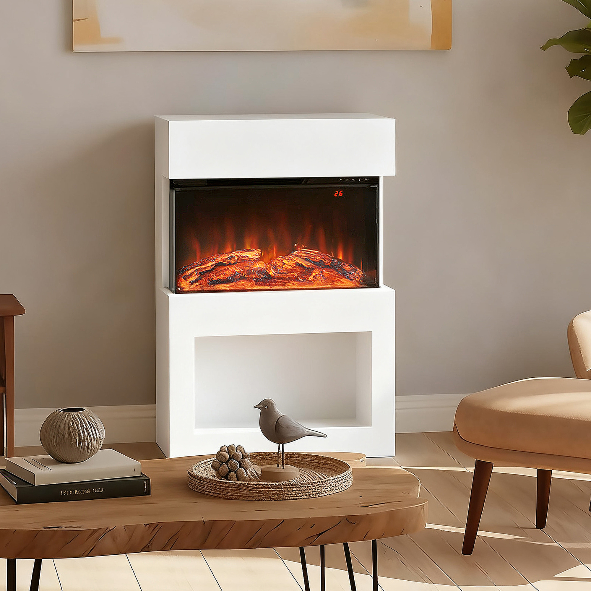 HOMCOM Electric Fireplace with 3D Flame Effect, 6 Colours & 3 Brightness Levels, 1000W/2000W White Electric Fire and Mantel Reach up to 30㎡ Space with Remote & Timer, 3 Sided View for Living Room 2