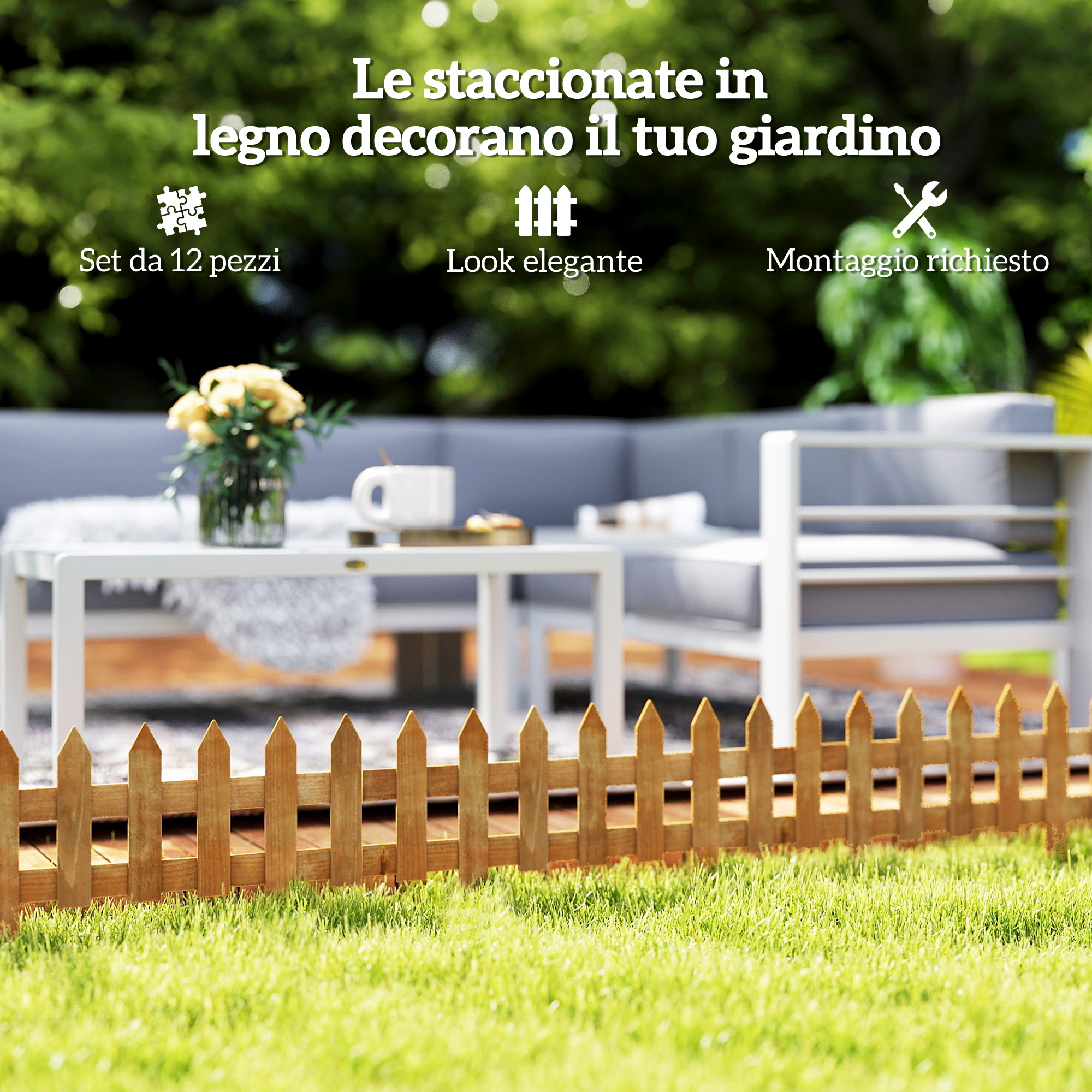 Recinzione In Legno Di Pino Da 12 Pezzi Per Aiuole E Giardino, Steccato Marrone Alto 34 Cm, Facile Da Installare E Versatile, Ideale Per Orto E Prato