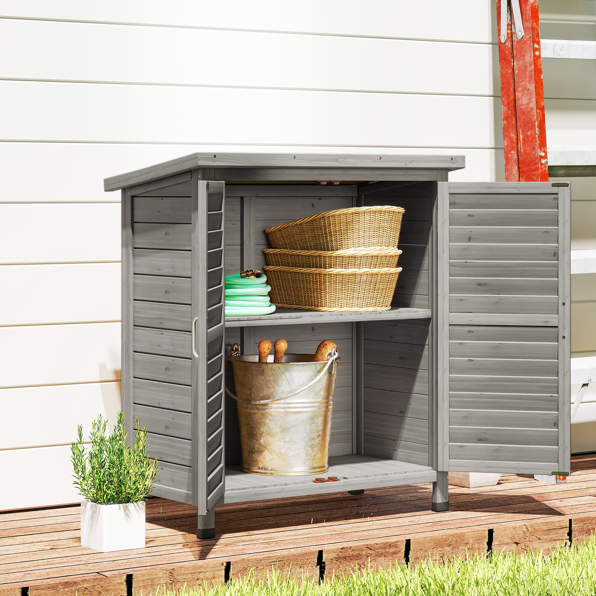 Outsunny Garden Shed Wooden Garden Storage Shed 2 Door Unit Solid Fir Wood Garage Tool Organisation Cabinet, 87L x 46.5W x 96.5Hcm, Grey 8