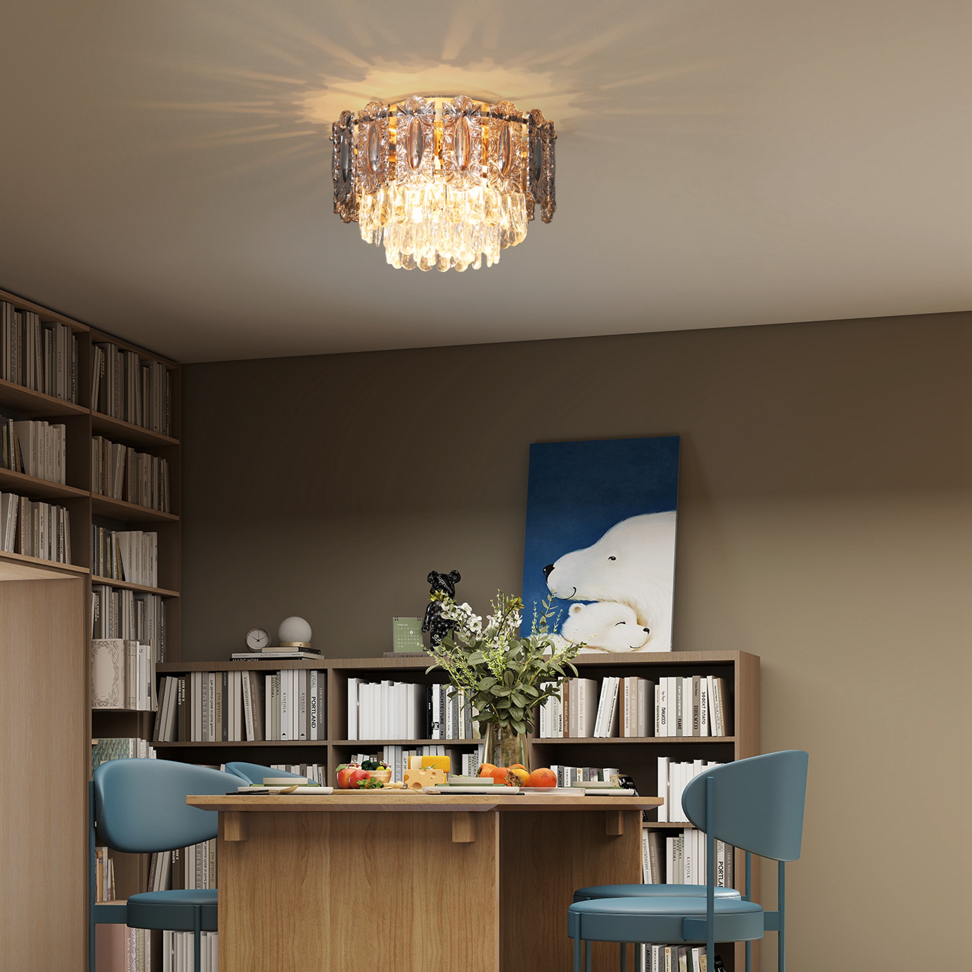 HOMCOM Chandelier Ceiling Light, 3-Light Vintage Flush Mount Fixture with Dual Crystal and Smoke Glass Shade, LED Ceiling Light for Living Room Bedroom, 3 E27 Sockets, Bulbs Not Included, Gold Tone 7