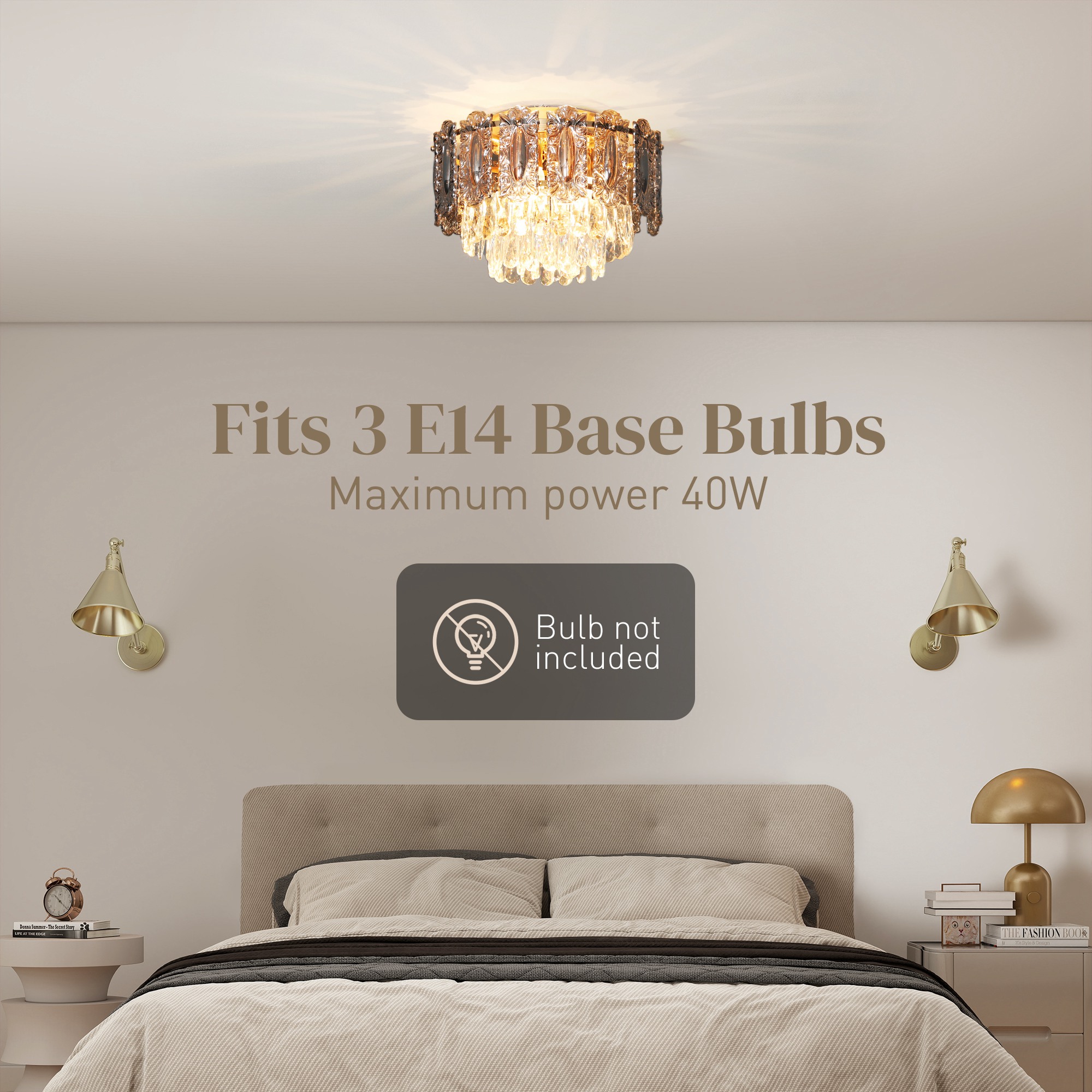 HOMCOM Chandelier Ceiling Light, 3-Light Vintage Flush Mount Fixture with Dual Crystal and Smoke Glass Shade, LED Ceiling Light for Living Room Bedroom, 3 E27 Sockets, Bulbs Not Included, Gold Tone 5