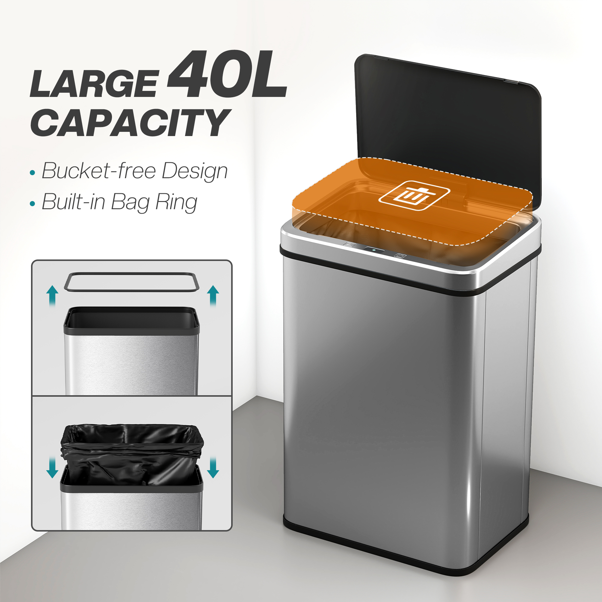 HOMCOM 40L Sensor Bin with Quiet Soft-Close Lid, Automatic Touchless Motion Sensor Kitchen Bin with Fingerprint Resistant Stainless Steel for Hygienic Gyms, Home Office Use, Silver Tone 5