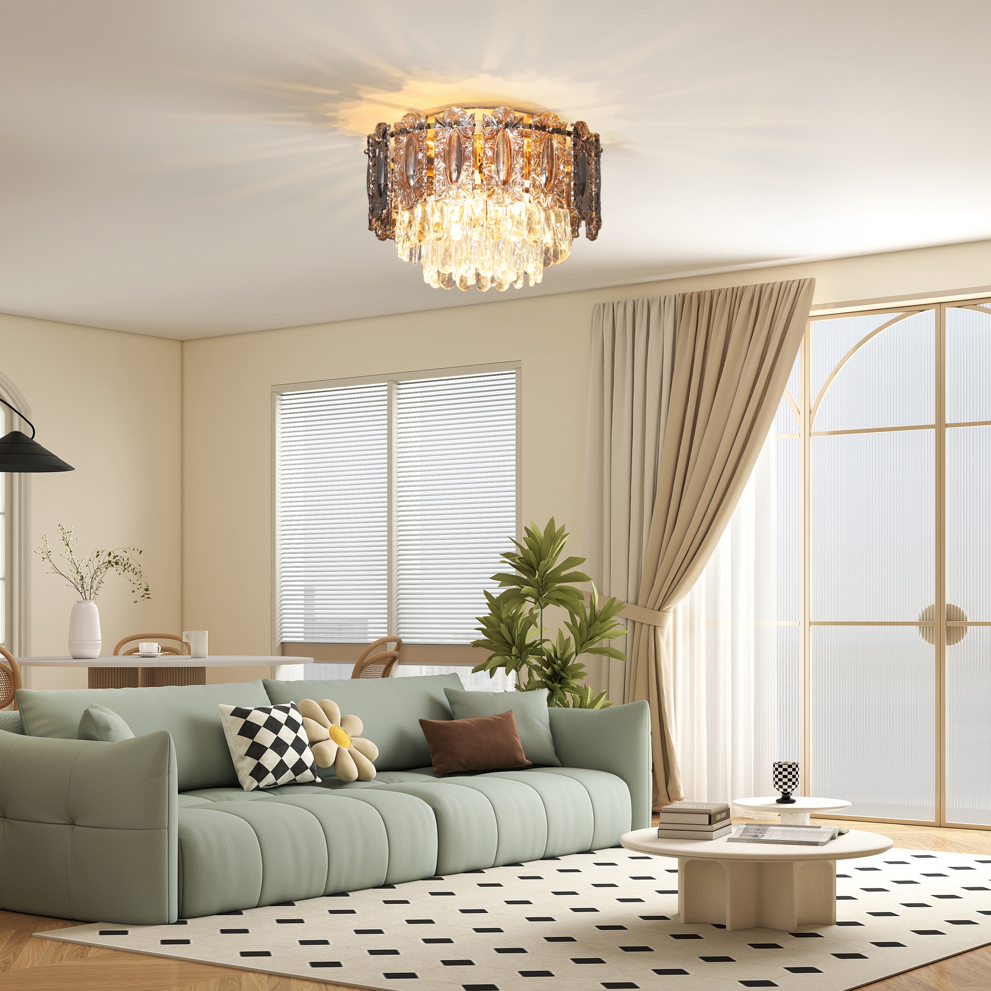 HOMCOM Chandelier Ceiling Light, 3-Light Vintage Flush Mount Fixture with Dual Crystal and Smoke Glass Shade, LED Ceiling Light for Living Room Bedroom, 3 E27 Sockets, Bulbs Not Included, Gold Tone 2