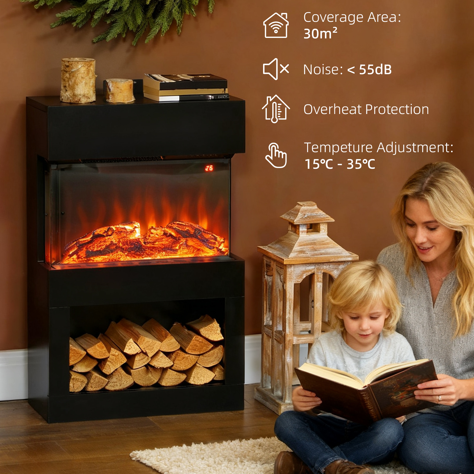 HOMCOM Electric Fireplace with 3D Flame Effect, 6 Colours & 3 Brightness Levels, 1000W/2000W Black Electric Fire and Mantel Reach up to 30㎡ Space with Remote & Timer, 3 Sided View for Living Room 8