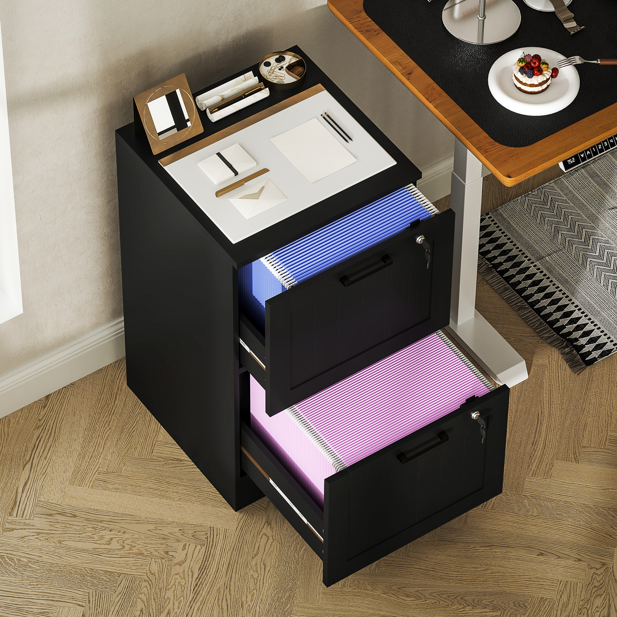 HOMCOM 2 Drawer Filing Cabinet with Lock, Office Storage Cabinet with Adjustable Hanging Bars for A4 Letter Size Files, Black 9