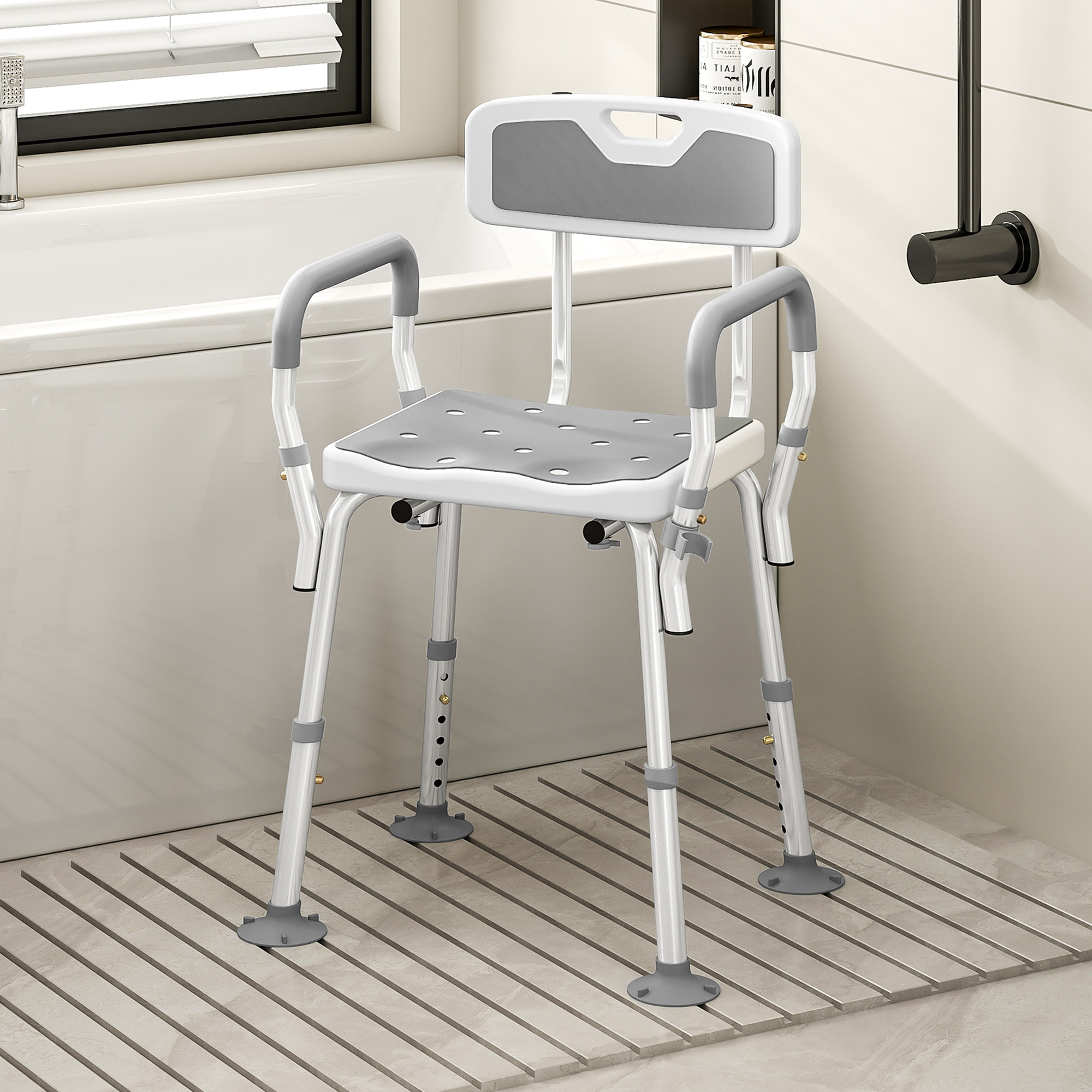 HOMCOM EVA Padded Shower Chair for the Elderly and Disabled, Height Adjustable Shower Stool with Back and Arms, 4 Suction Foot Pads, Light Grey 2