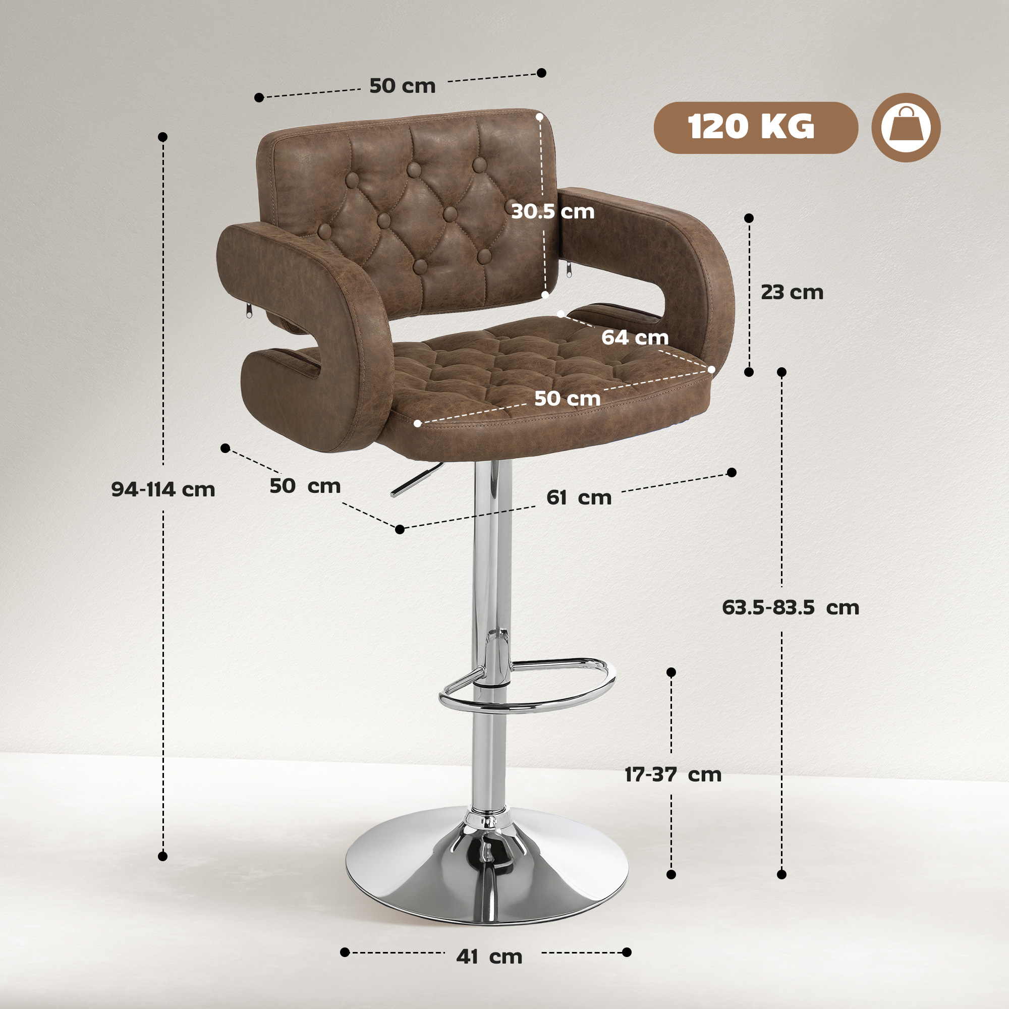 HOMCOM PU Leather Upholstered Swivel Bar Stool, Height Adjustable with Back, Armrest, Footrest, Coffee 3