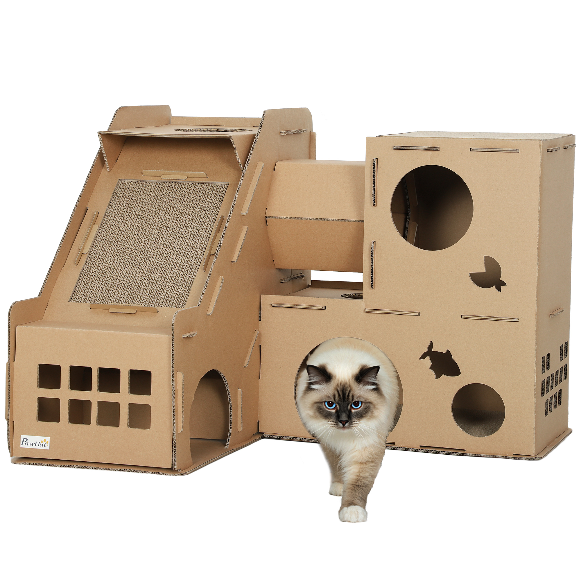PawHut Kartonhaus fr Katzen Schloss-Design 2 Ebenen mit 3 Kratzzonen  Tunnel Rampe inkl. Katzengras Braun | Aosom.de