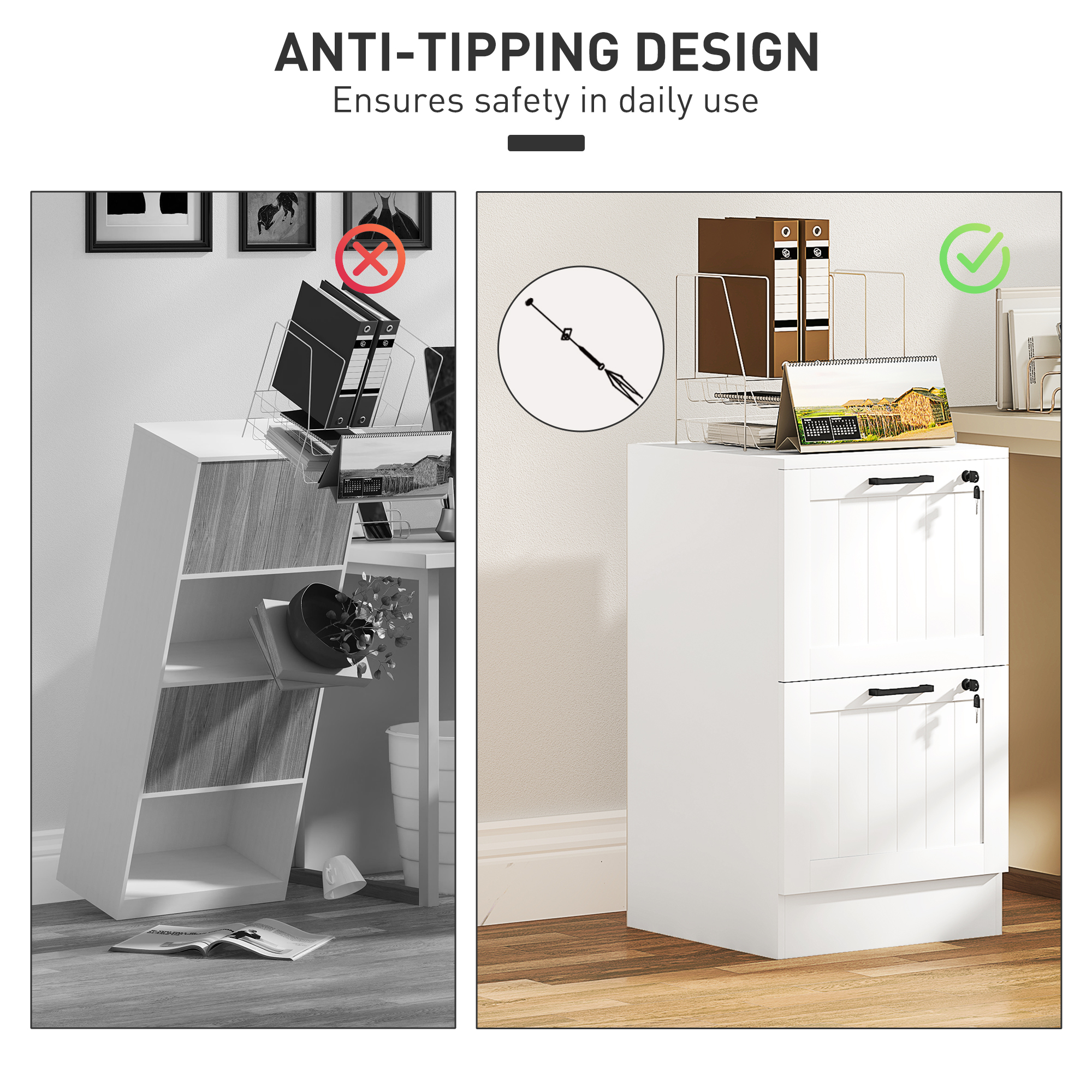 HOMCOM 2 Drawer Filing Cabinet with Lock, Office Storage Cabinet with Adjustable Hanging Bars for A4 Letter Size Files, White 7