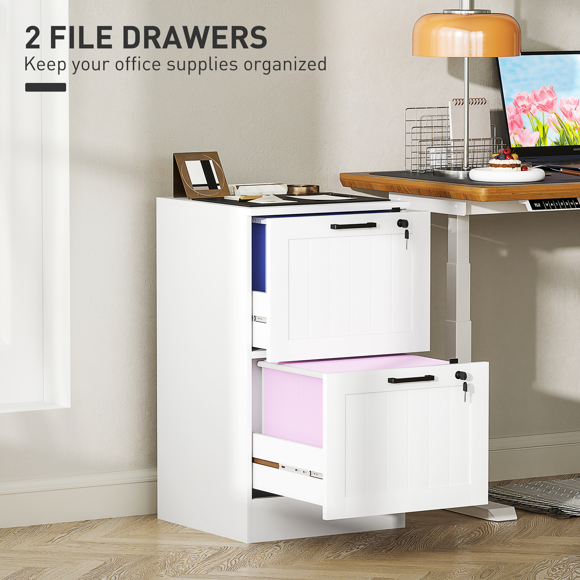 HOMCOM 2 Drawer Filing Cabinet with Lock, Office Storage Cabinet with Adjustable Hanging Bars for A4 Letter Size Files, White 4