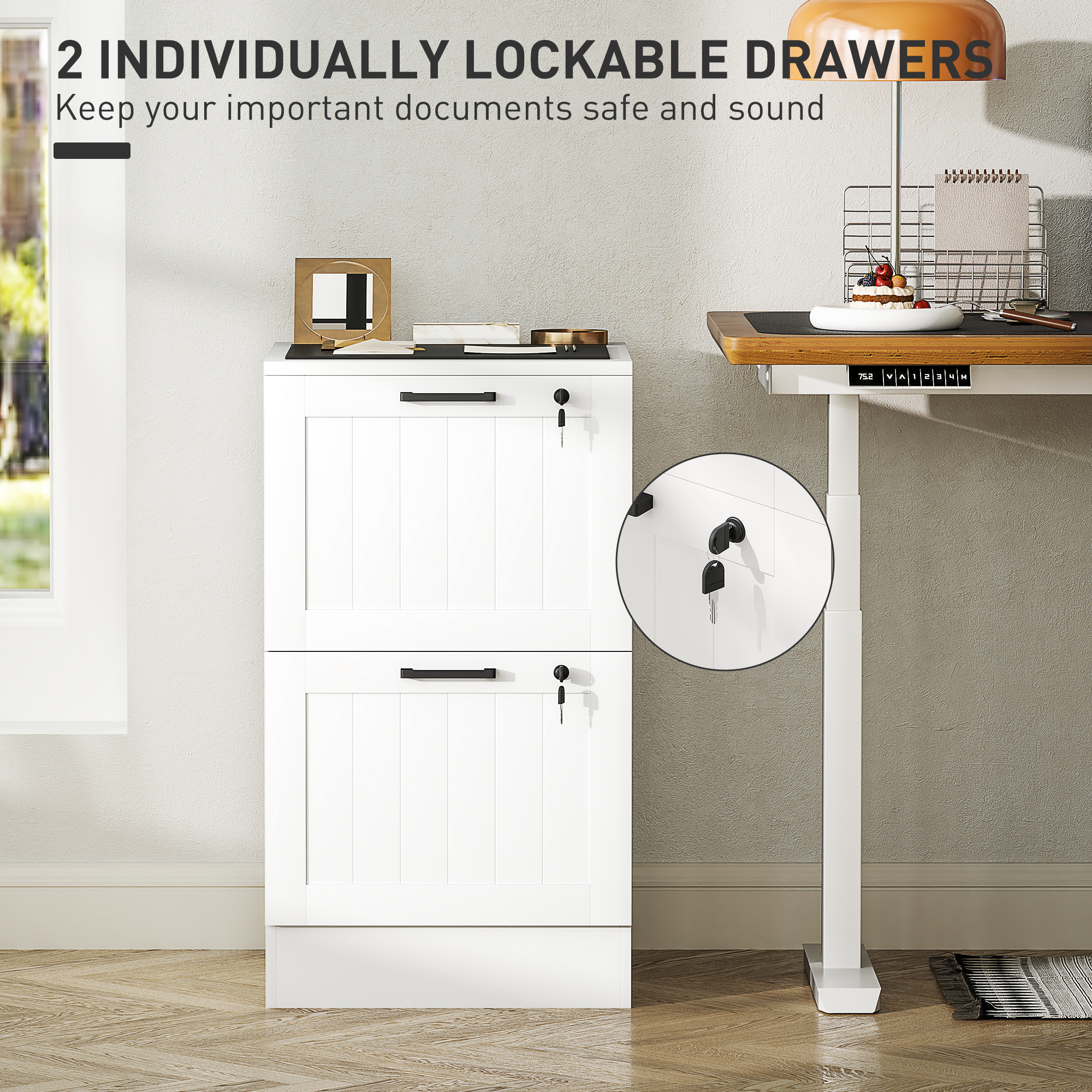 HOMCOM 2 Drawer Filing Cabinet with Lock, Office Storage Cabinet with Adjustable Hanging Bars for A4 Letter Size Files, White 6