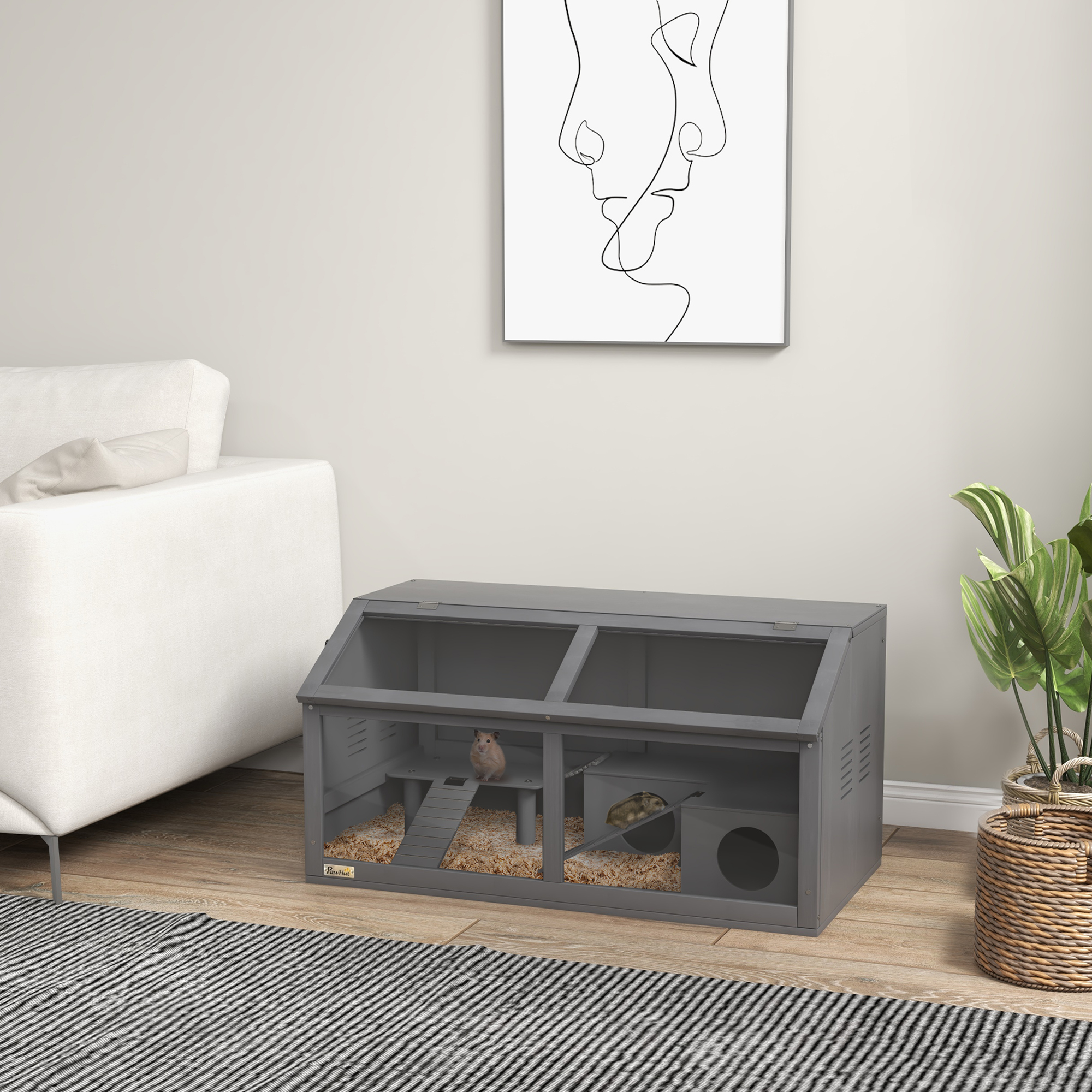 PawHut Knaagdierenkooi voor Dwerghamsters Hangbrug Ladders Hut Houten Constructie Ventilatie Openingen 84x45x44 cm Grijs | Aosom.nl