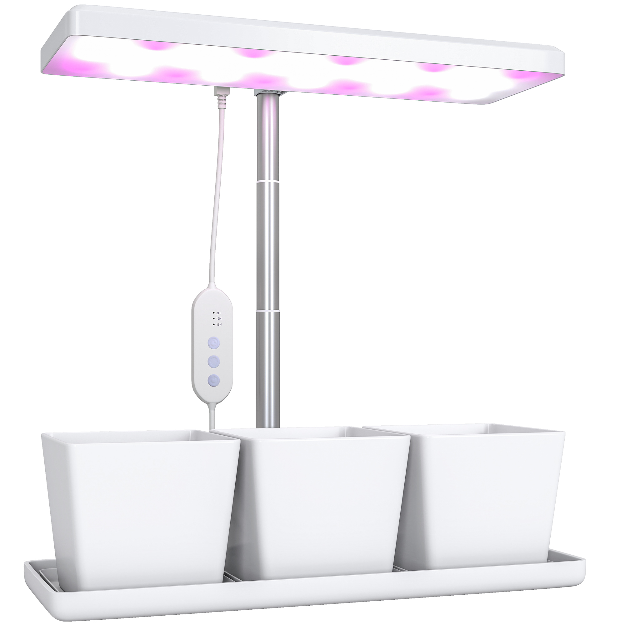 Outsunny Lampada Grow LED Con 42 Luci, 3 Vasi Auto-irriganti, Timer 8-24h E 5 Livelli Di Luminosità – Altezza Regolabile 25-46 Cm