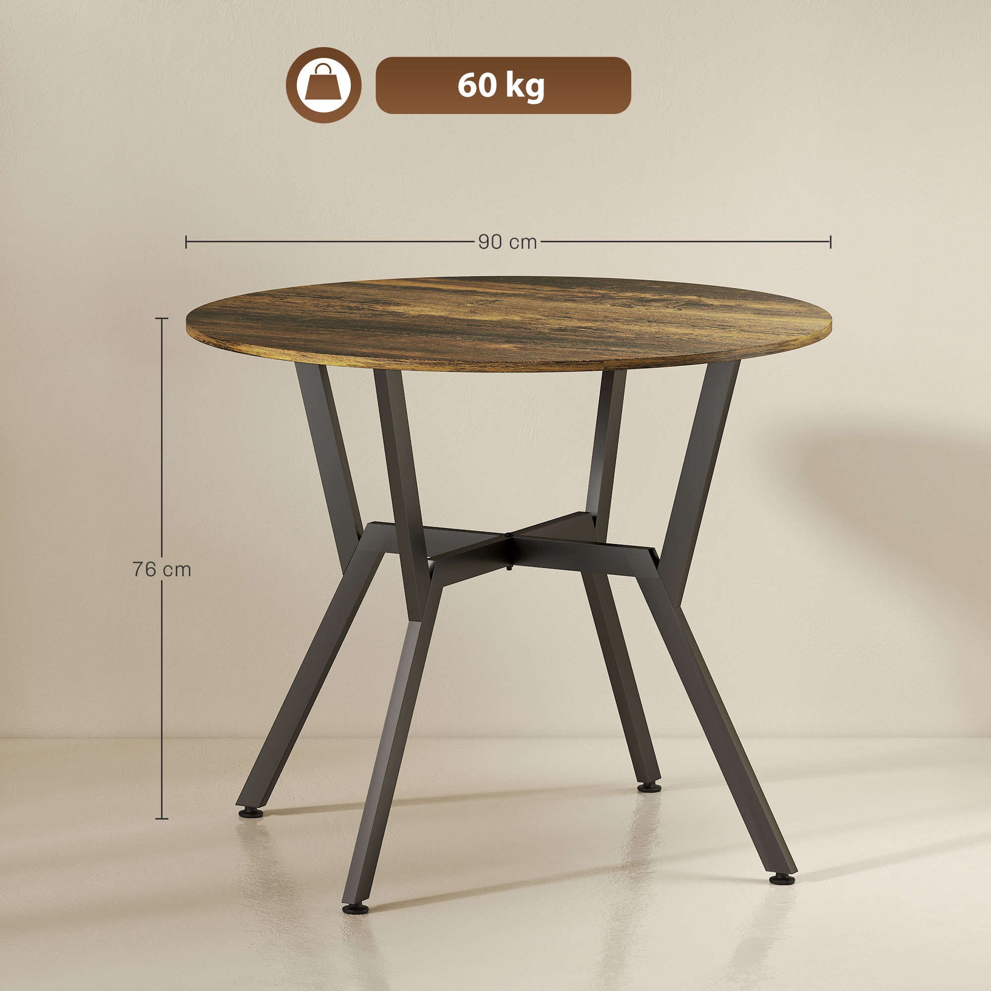 HOMCOM Dining Table, Round Kitchen Table with Black Legs, Anti-slip Foot Pads for Living Room, Dining Room 90 x 76 cm, Rustic Brown 3