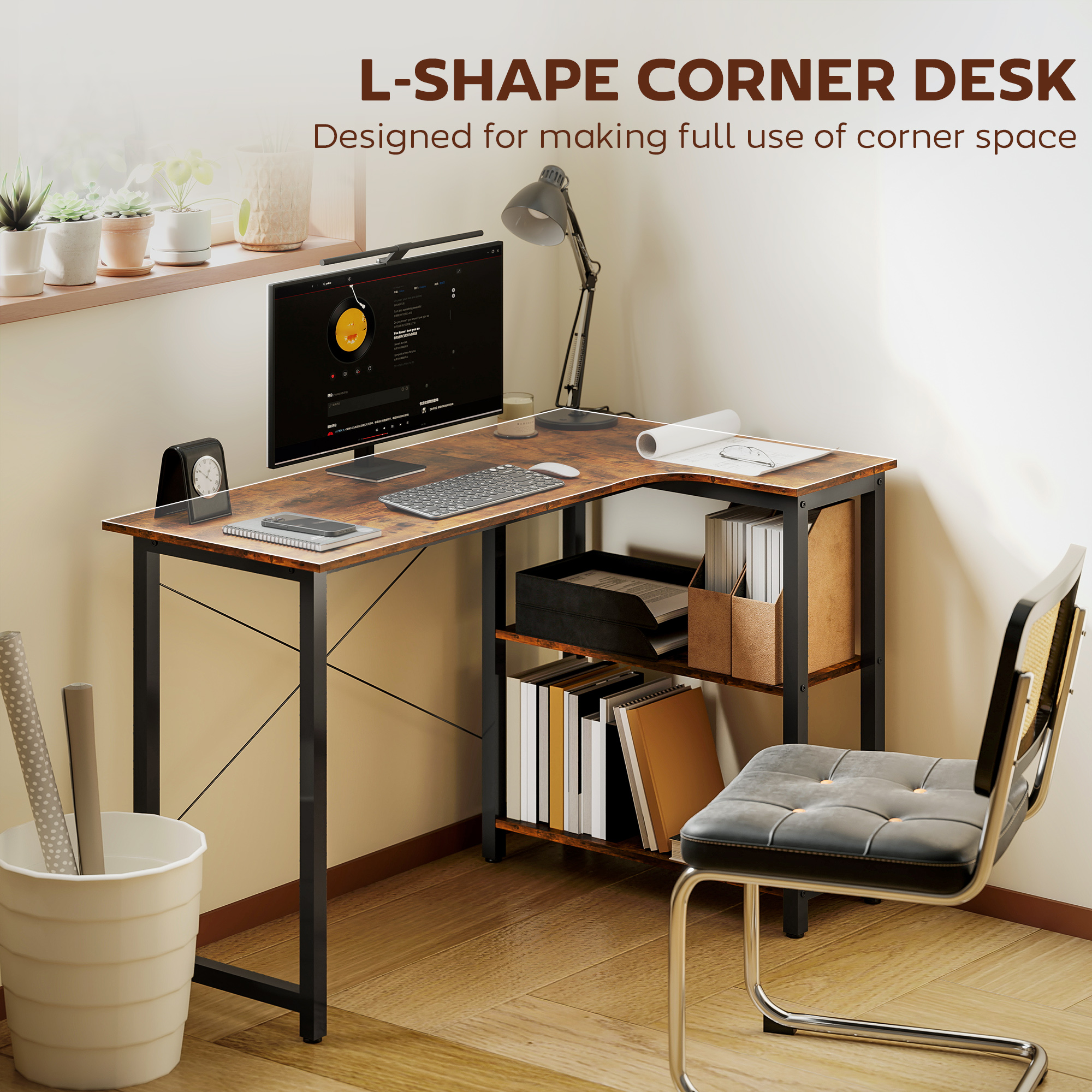 HOMCOM L Shaped Desk, Corner Computer Desk with Bookshelf for Home Office, Study Room, Workstation, 120 x 73.2 x 75cm, Rustic Brown 4