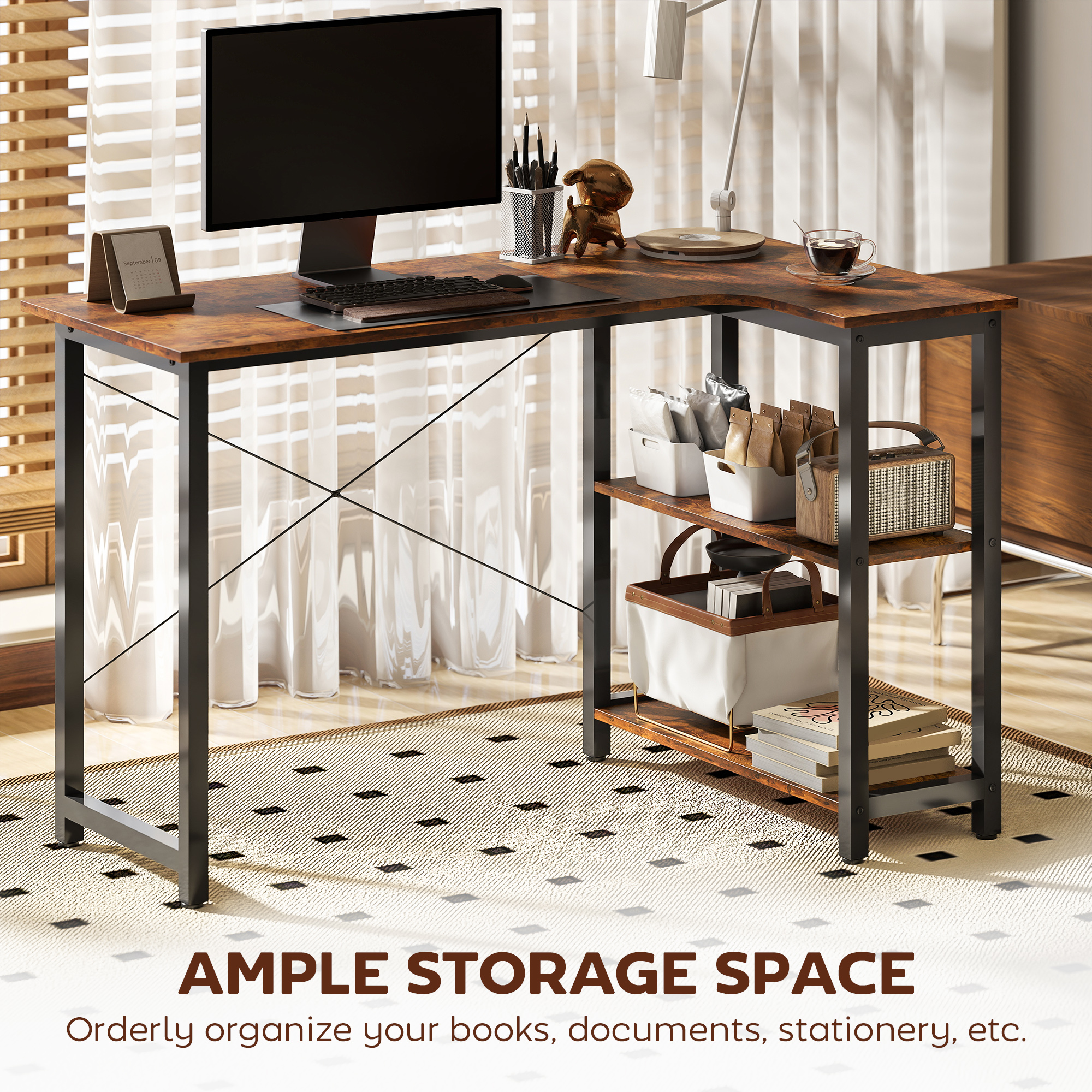 HOMCOM L Shaped Desk, Corner Computer Desk with Bookshelf for Home Office, Study Room, Workstation, 120 x 73.2 x 75cm, Rustic Brown 5